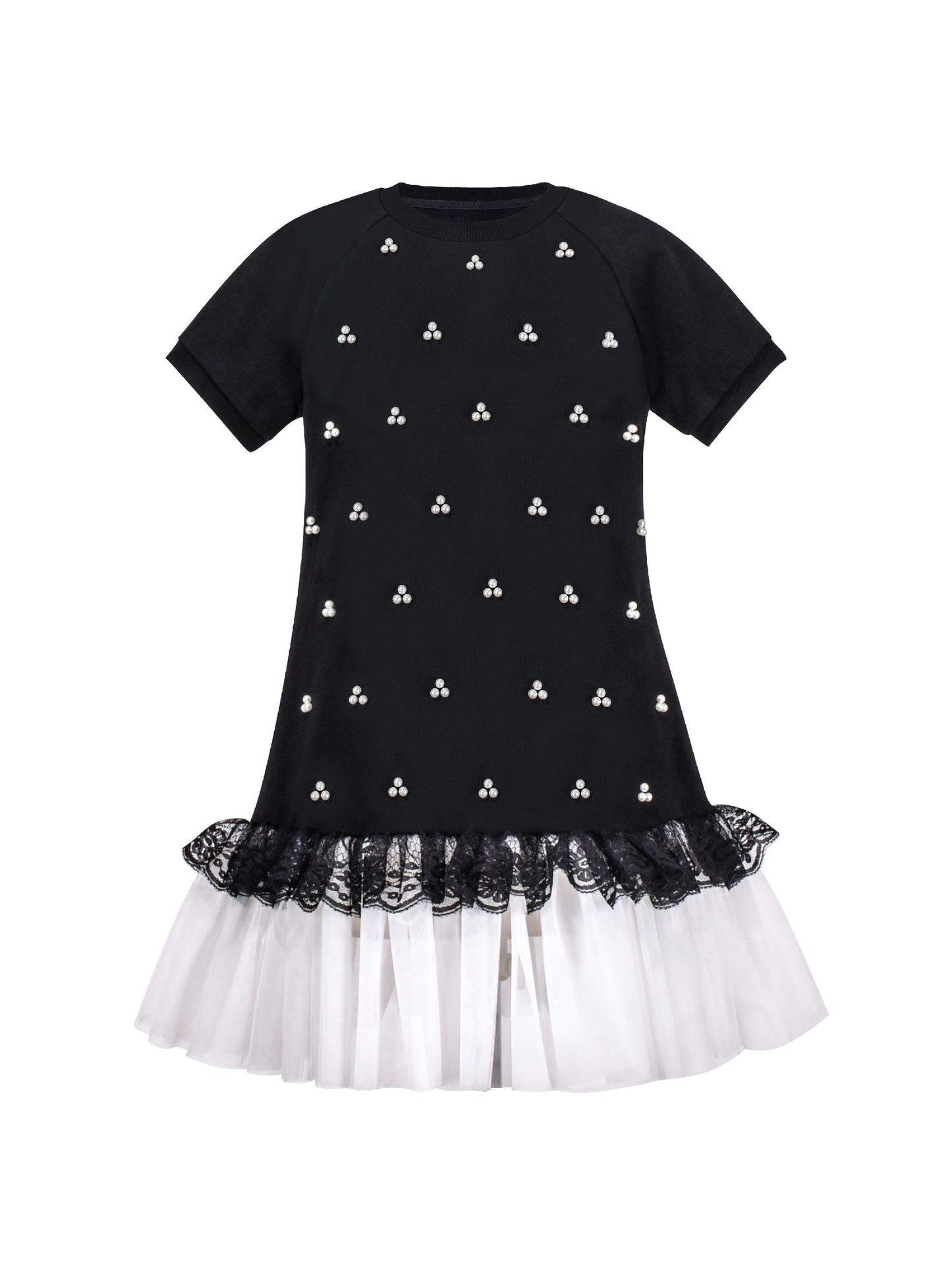 Girls Short Sleeve Black Tee Dress Pearl Lace White Mini Tulle Casual Black