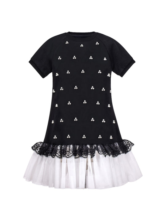 Girls Short Sleeve Black Tee Dress Pearl Lace White Mini Tulle Casual Black