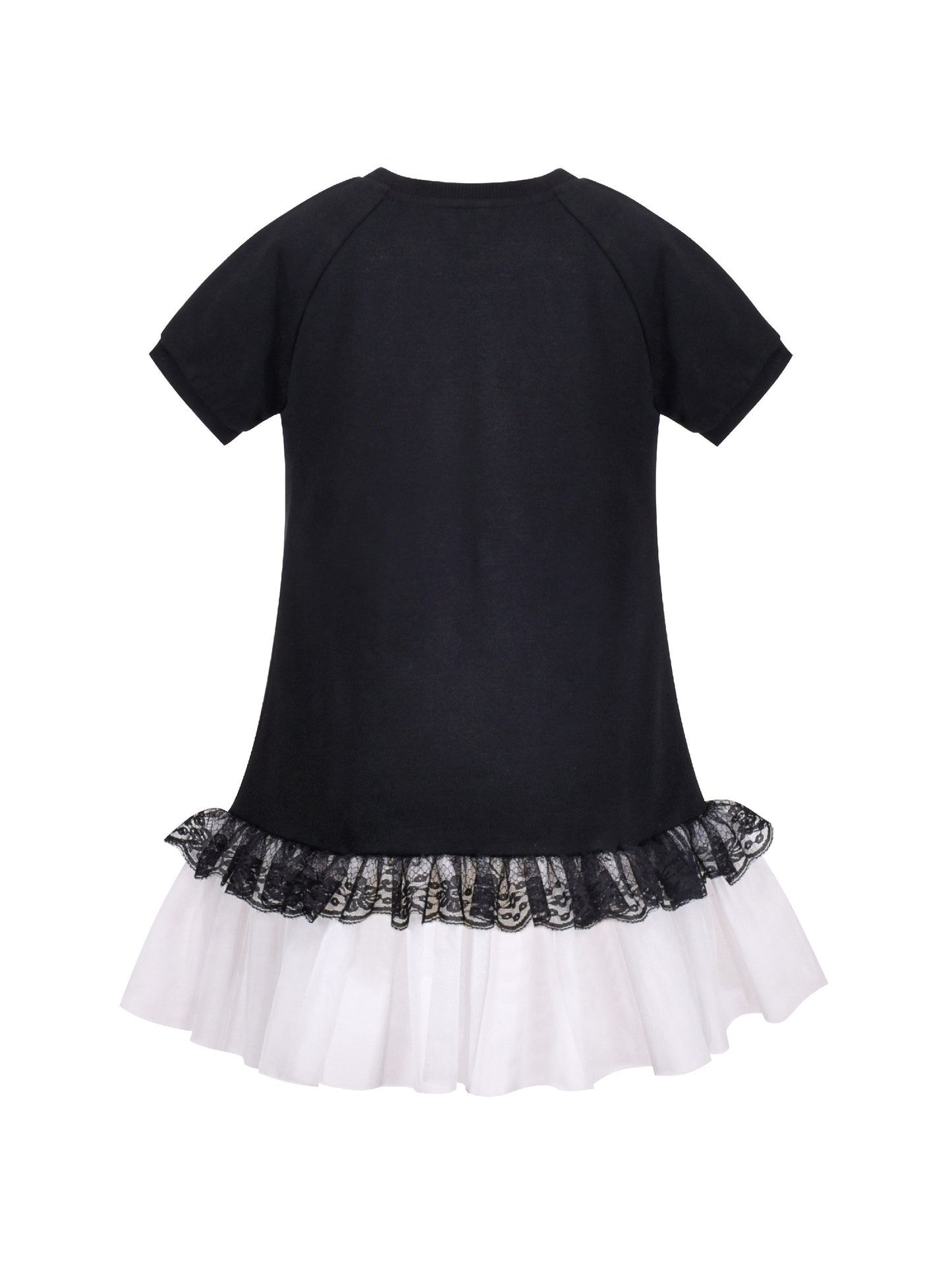 Girls Short Sleeve Black Tee Dress Pearl Lace White Mini Tulle Casual Black