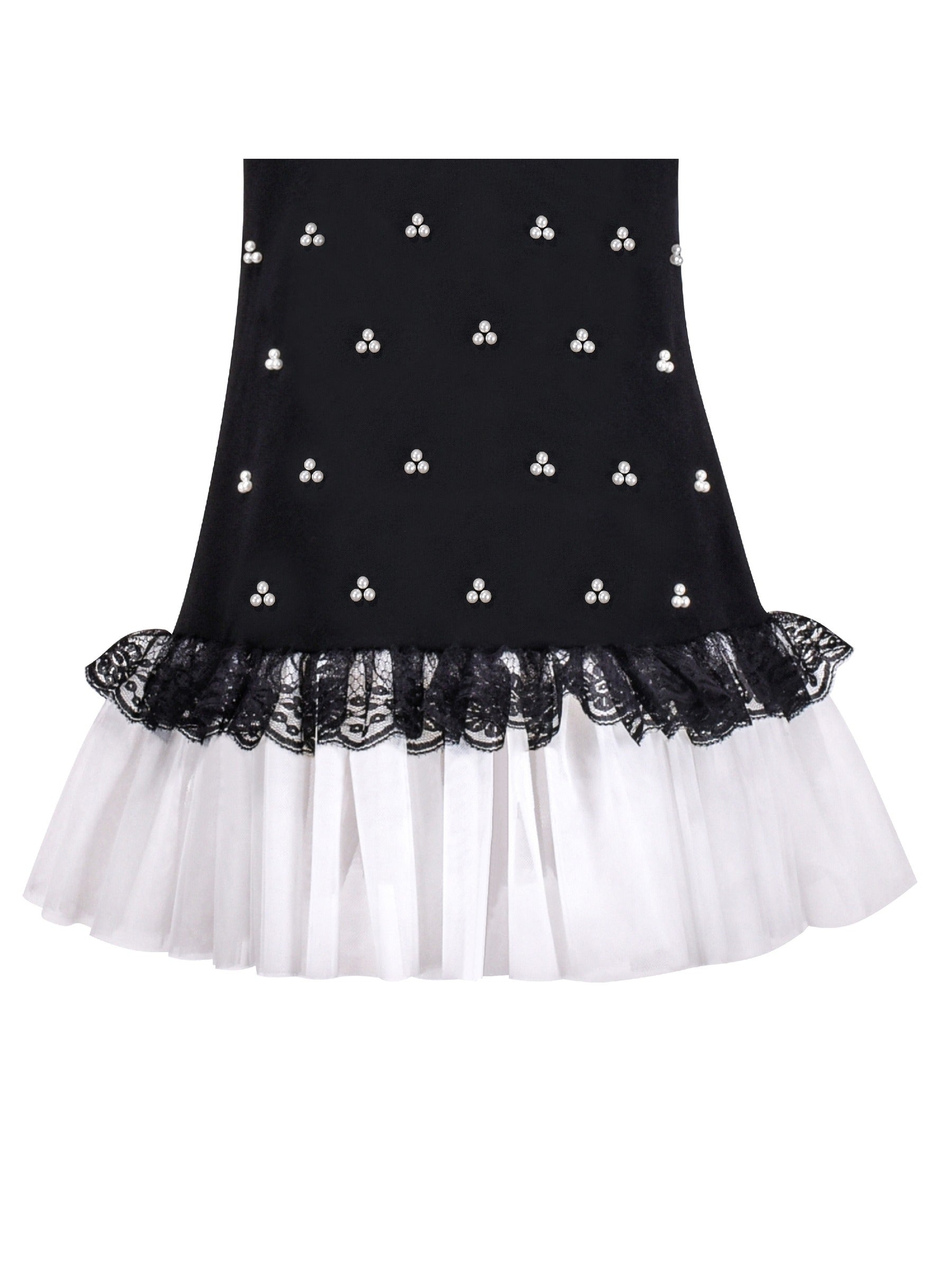 Girls Short Sleeve Black Tee Dress Pearl Lace White Mini Tulle Casual Black