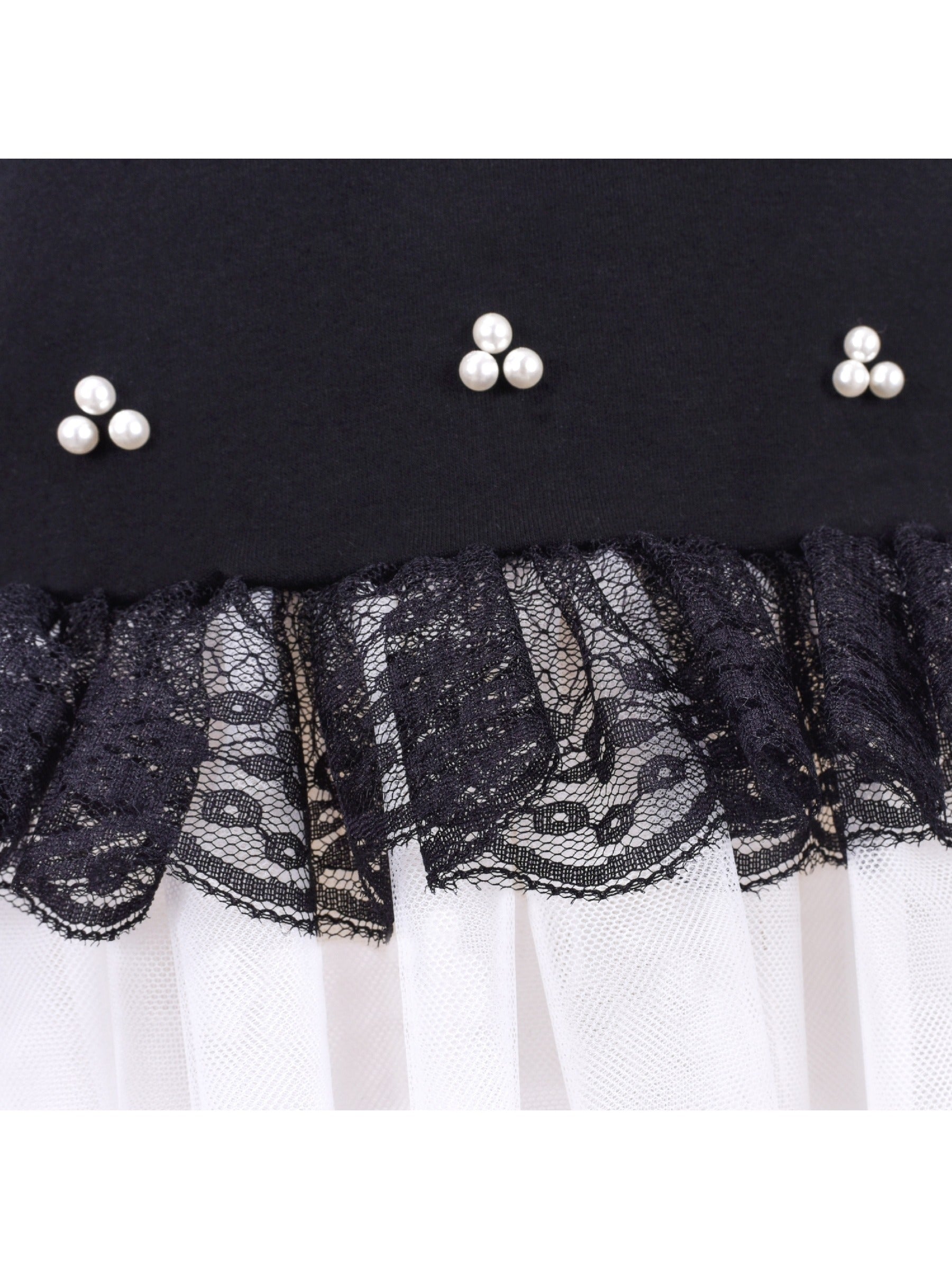 Girls Short Sleeve Black Tee Dress Pearl Lace White Mini Tulle Casual Black