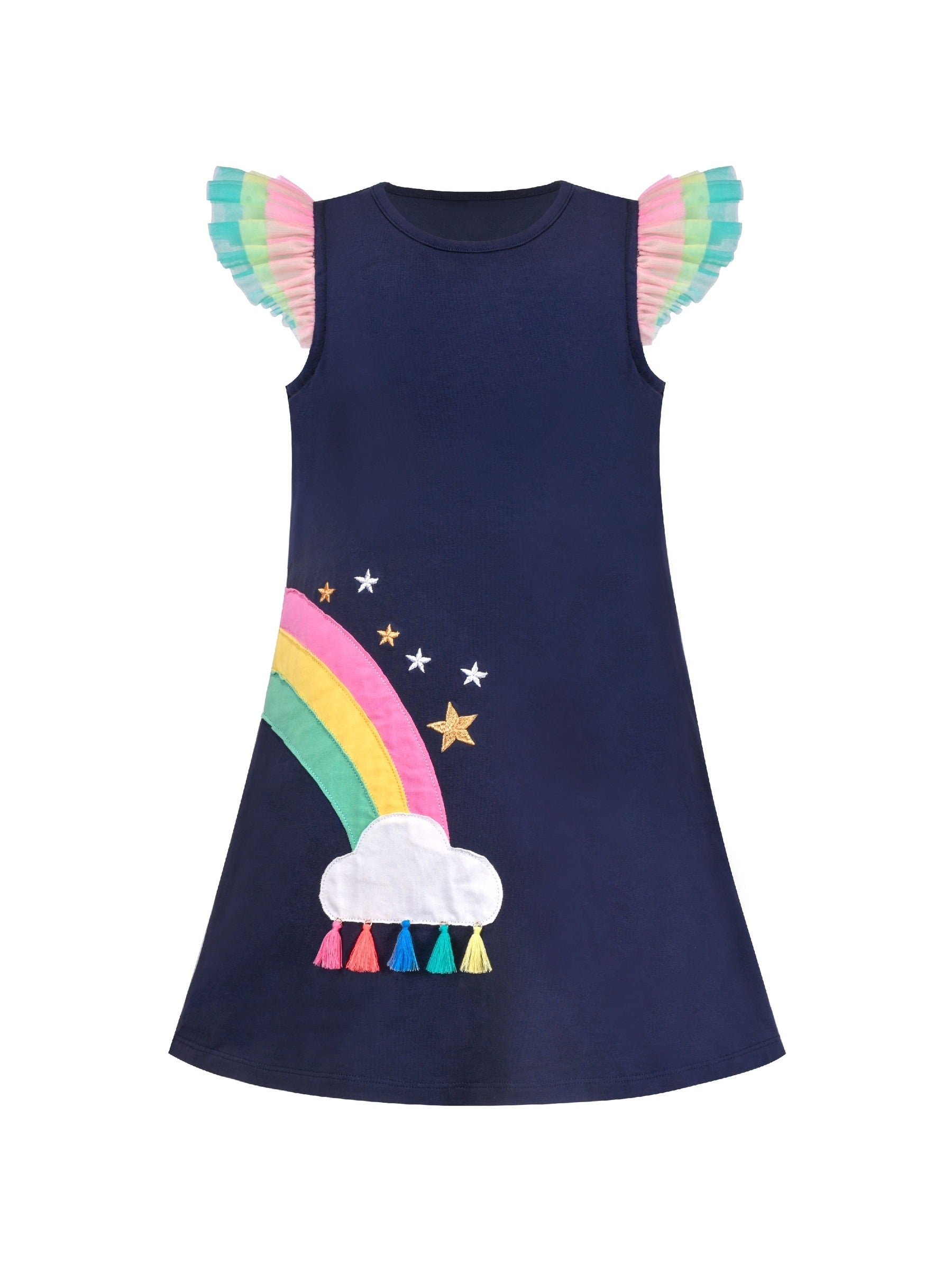 Girls Dress A-line Mermaid Fish Tail Rainbow Ruffle Flare Sleeve Blue