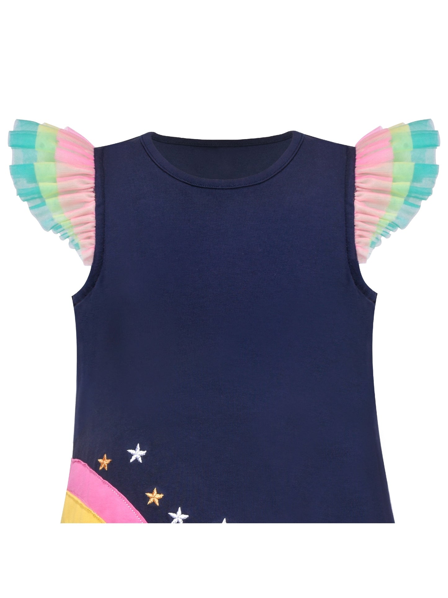 Girls Dress A-line Mermaid Fish Tail Rainbow Ruffle Flare Sleeve Blue
