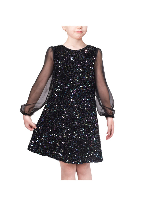 Girls Dress Black Sequin Sheer Mesh Long Sleeve Party Elegant Ball Gown Black