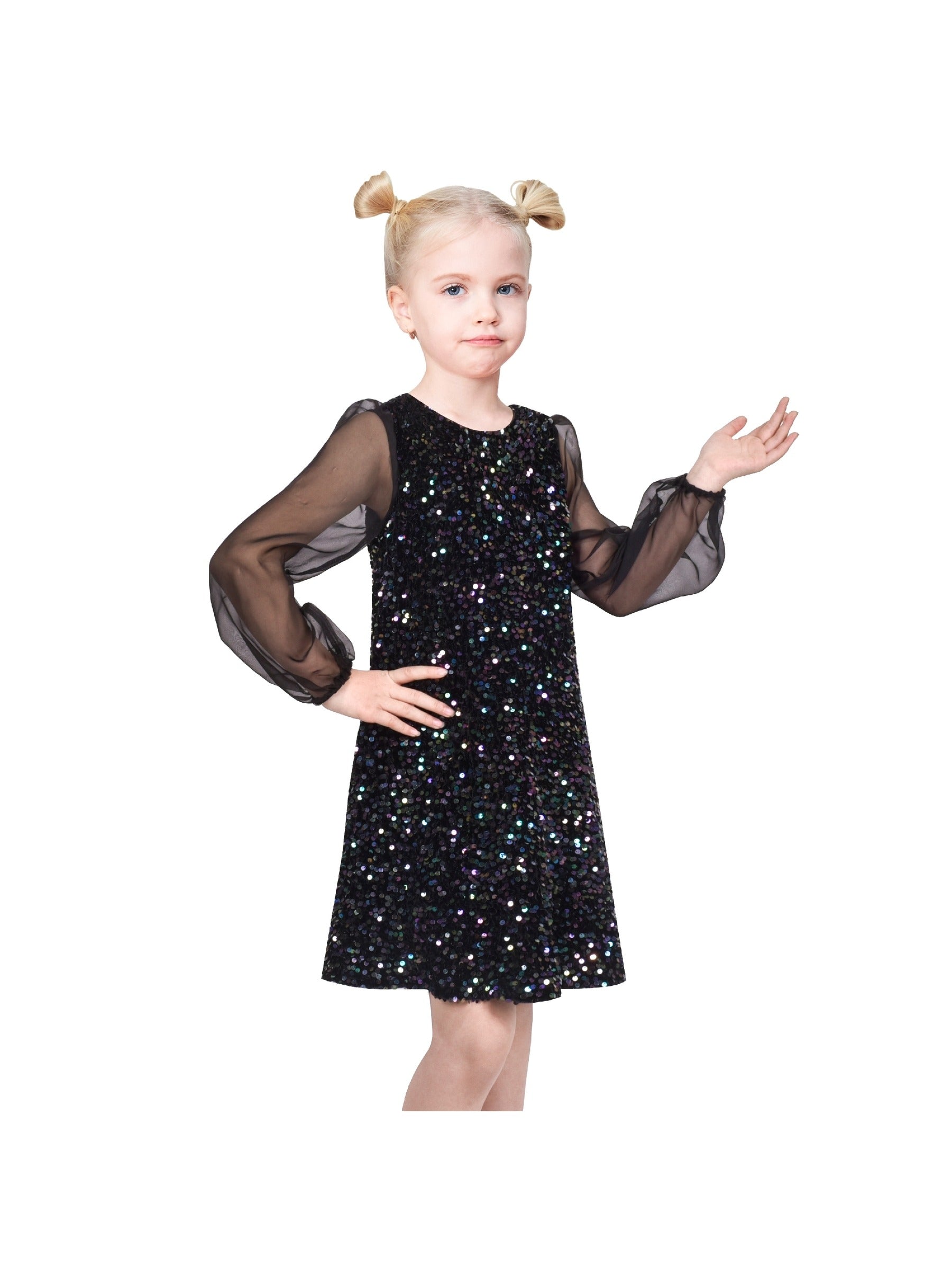Girls Dress Black Sequin Sheer Mesh Long Sleeve Party Elegant Ball Gown Black