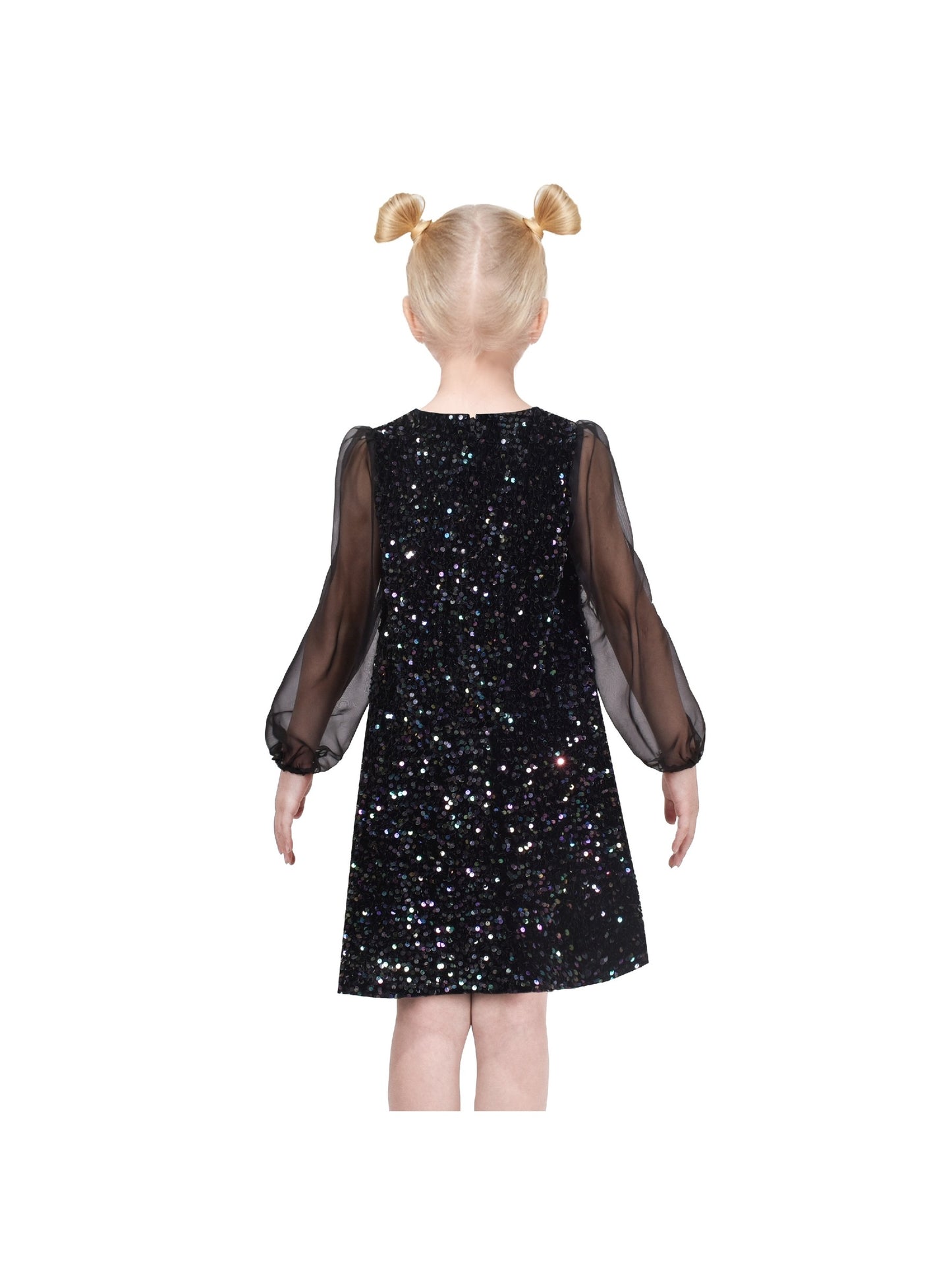 Girls Dress Black Sequin Sheer Mesh Long Sleeve Party Elegant Ball Gown Black