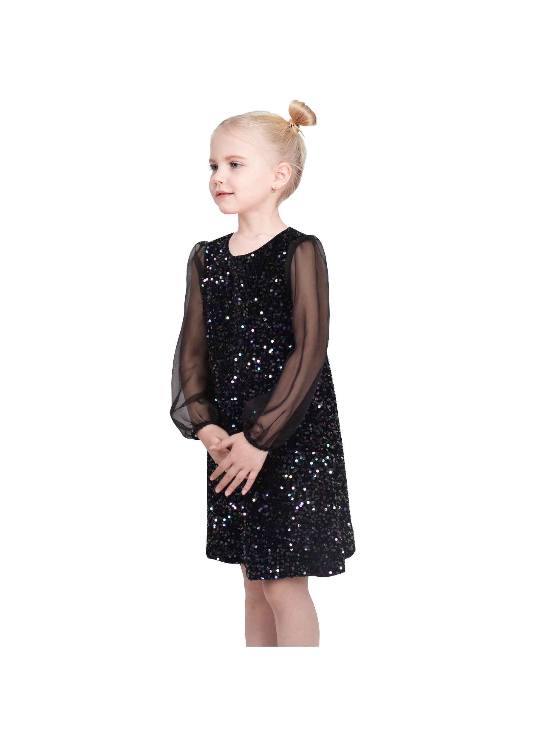 Girls Dress Black Sequin Sheer Mesh Long Sleeve Party Elegant Ball Gown Black