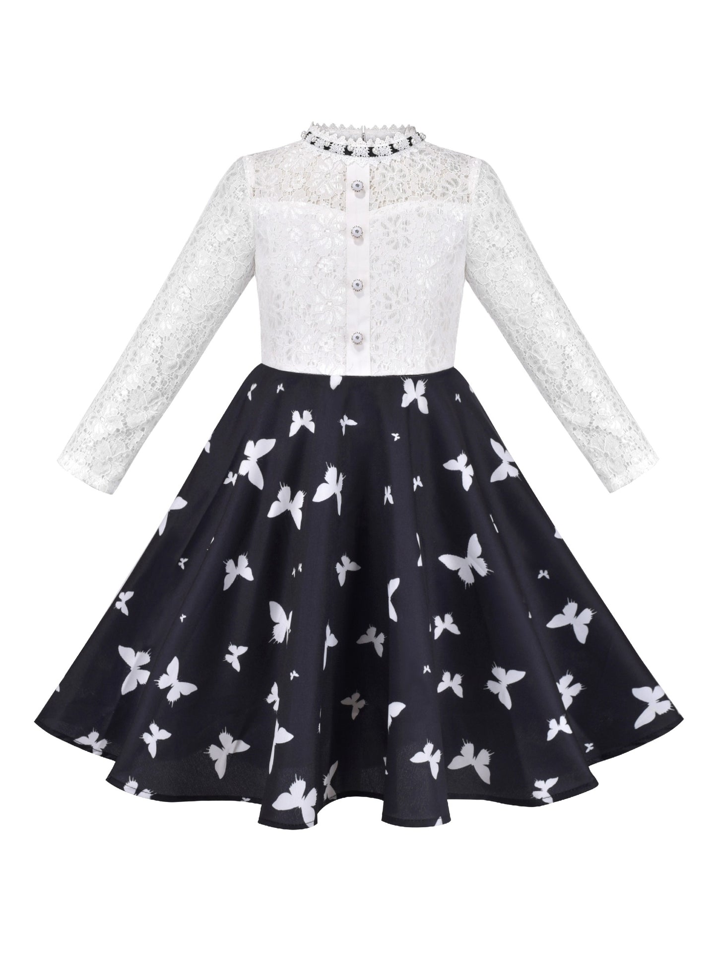Girls Dress Lace Pearl Plum Blossom Elegant Princess Dress Black