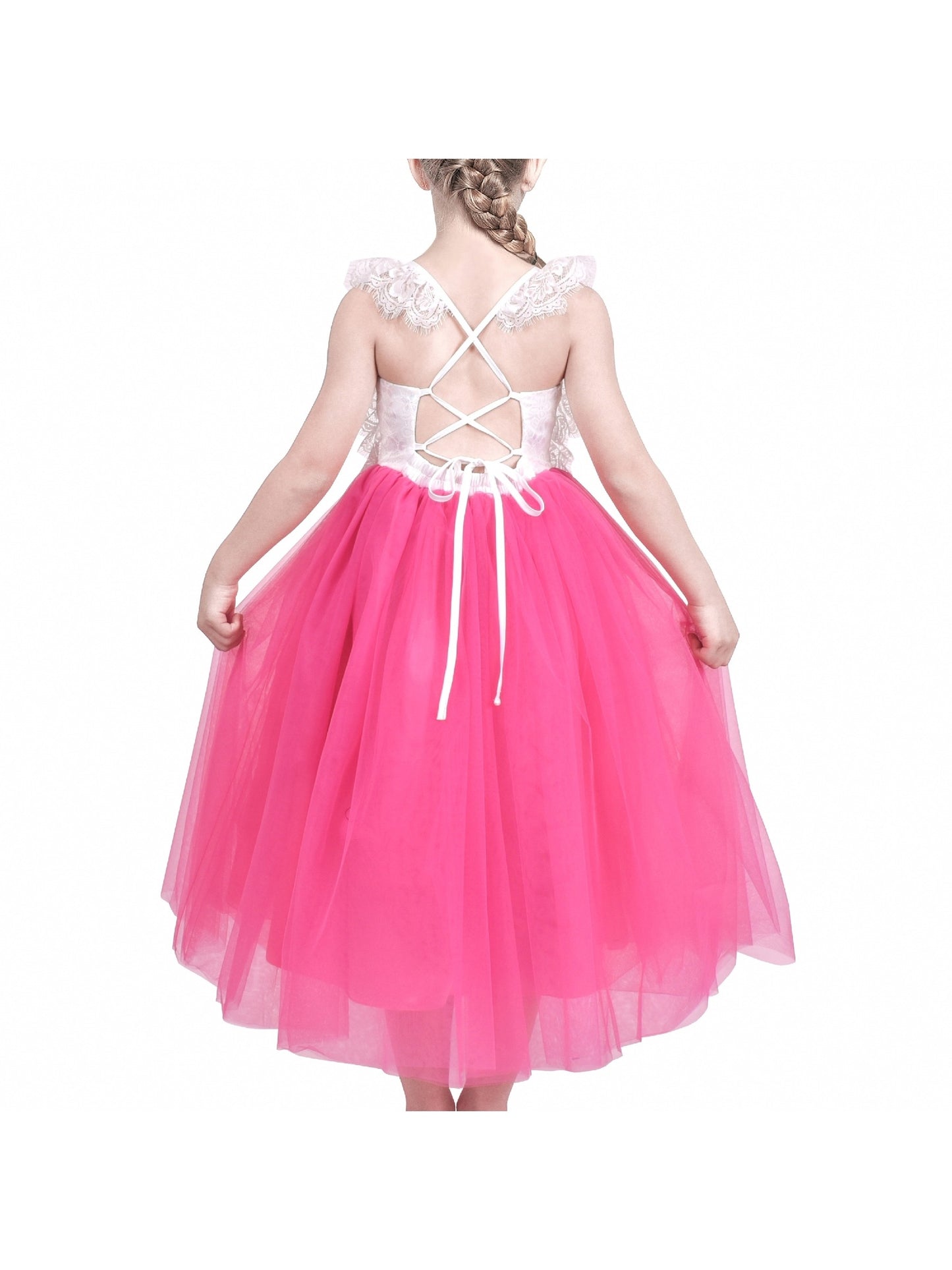 Girls Dress Rose Red Lace Tulle Hollow Elegant Party Pageant Ceremony Pink