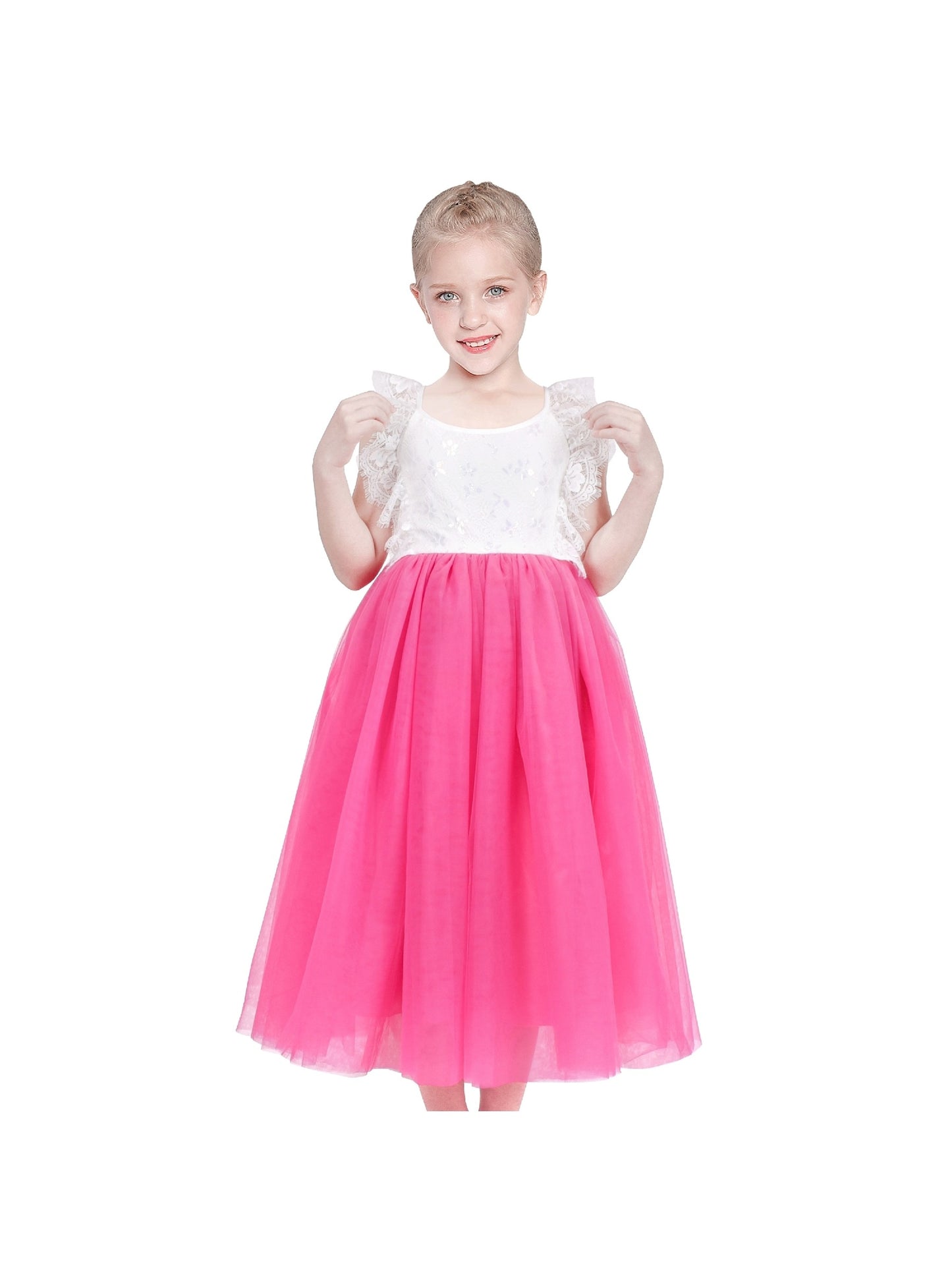 Girls Dress Rose Red Lace Tulle Hollow Elegant Party Pageant Ceremony Pink