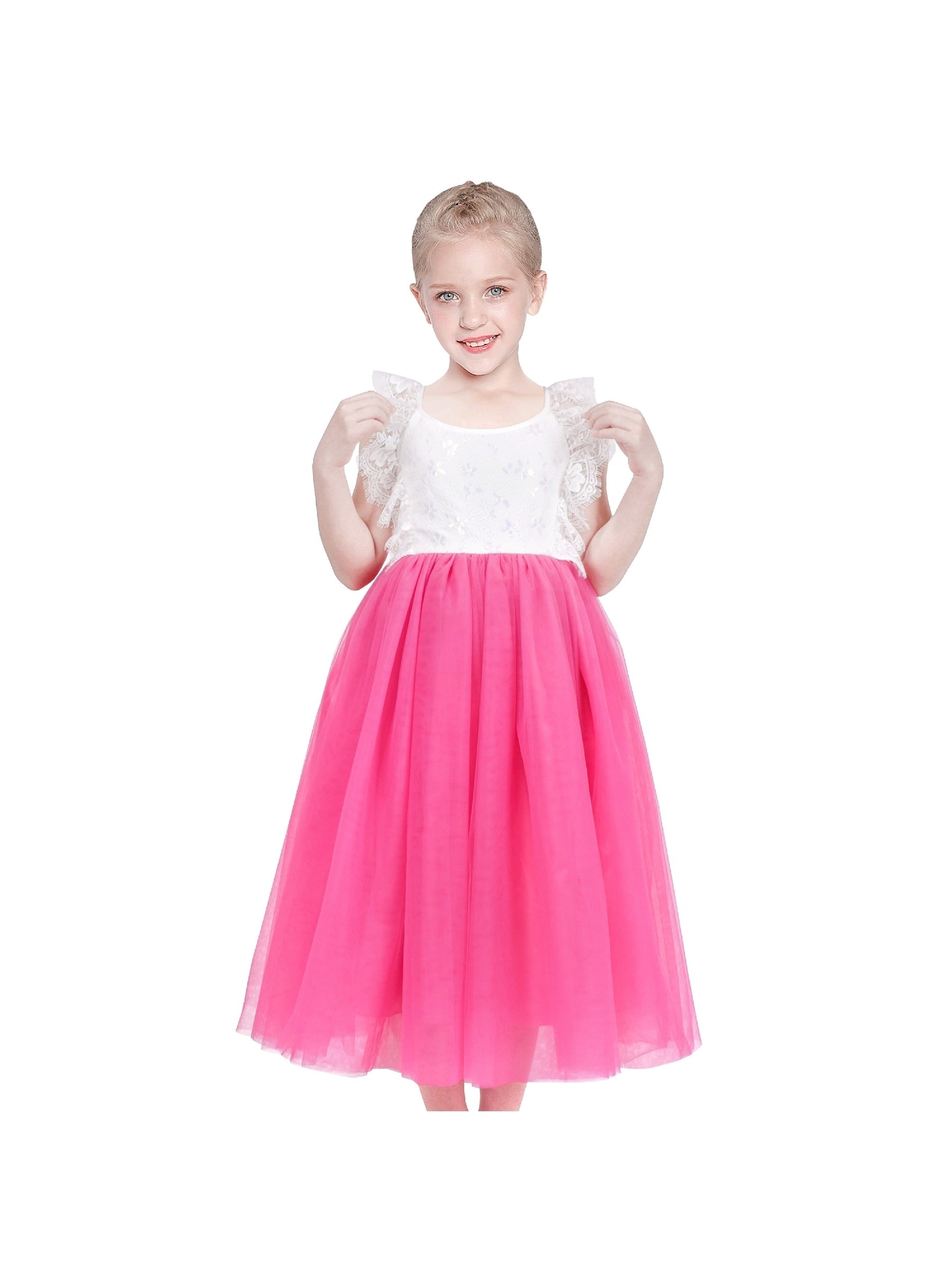 Girls Dress Rose Red Lace Tulle Hollow Elegant Party Pageant Ceremony Pink