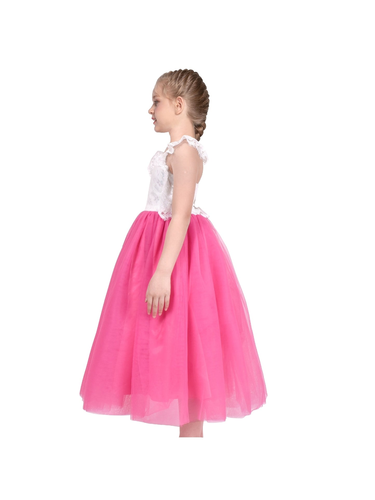 Girls Dress Rose Red Lace Tulle Hollow Elegant Party Pageant Ceremony Pink
