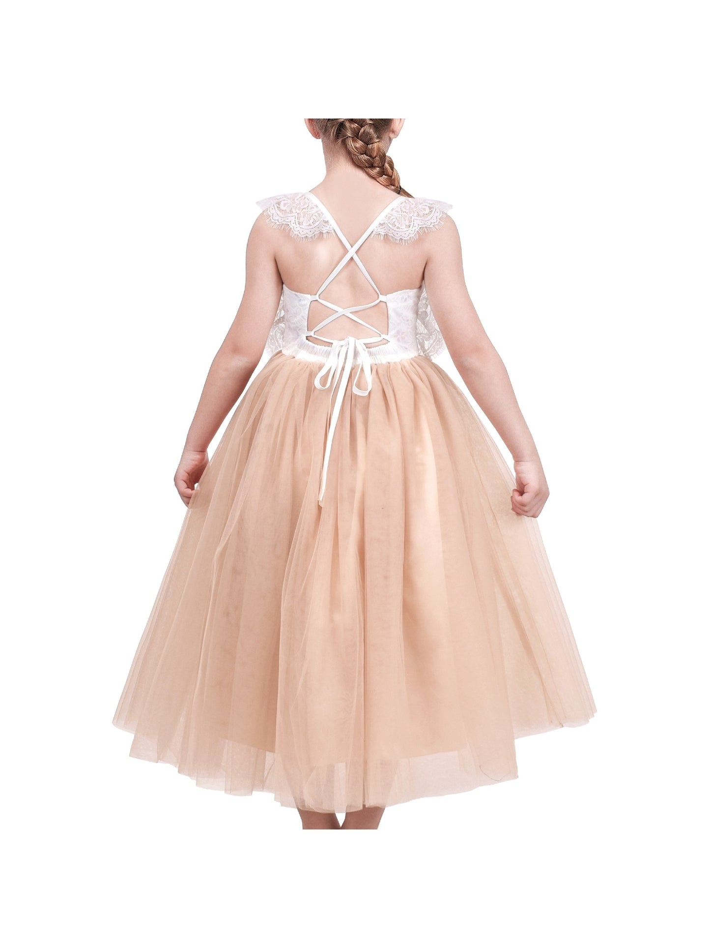 Girls Dress Rose Red Lace Tulle Hollow Elegant Party Pageant Ceremony Beige