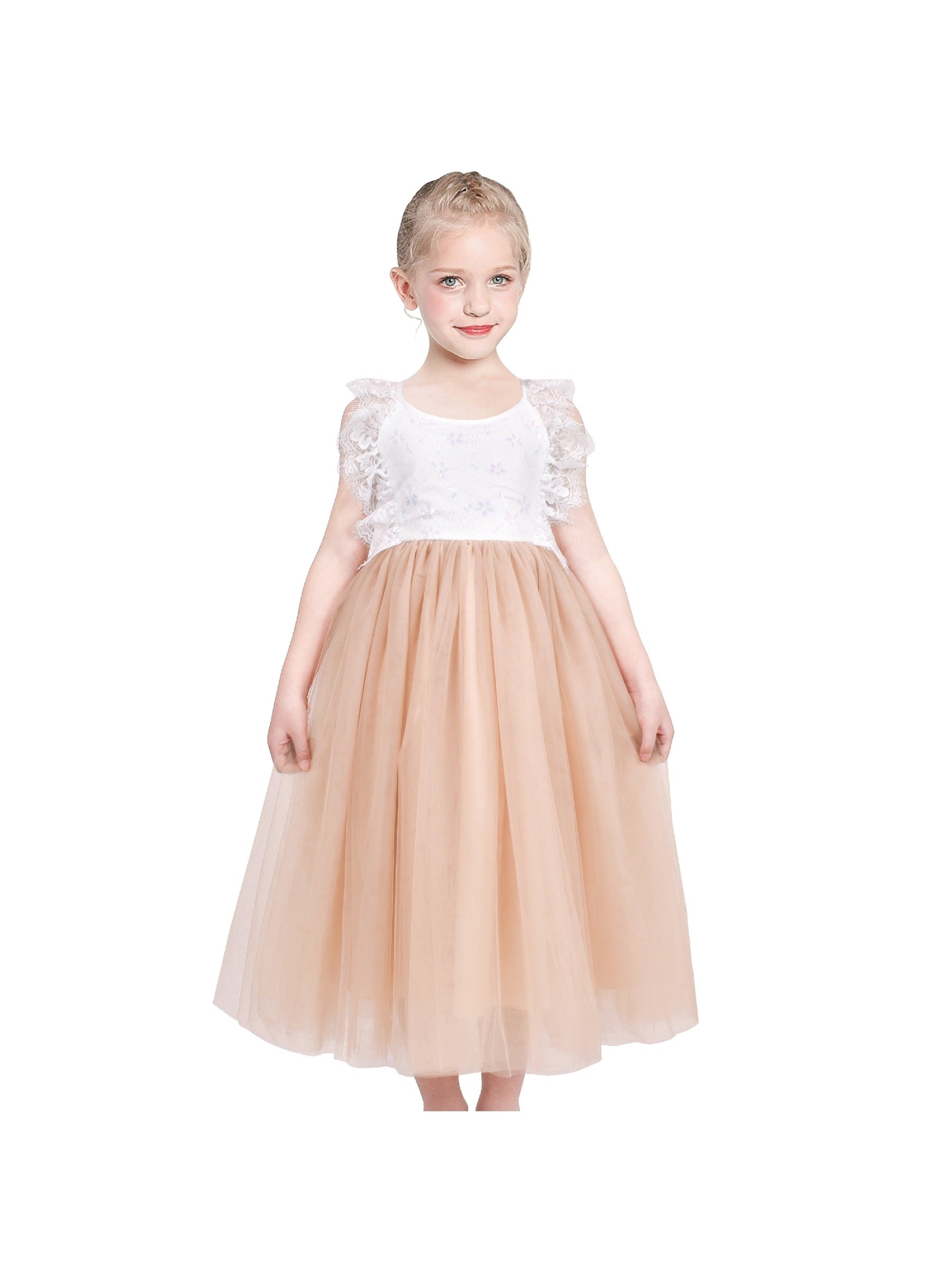 Girls Dress Rose Red Lace Tulle Hollow Elegant Party Pageant Ceremony Beige