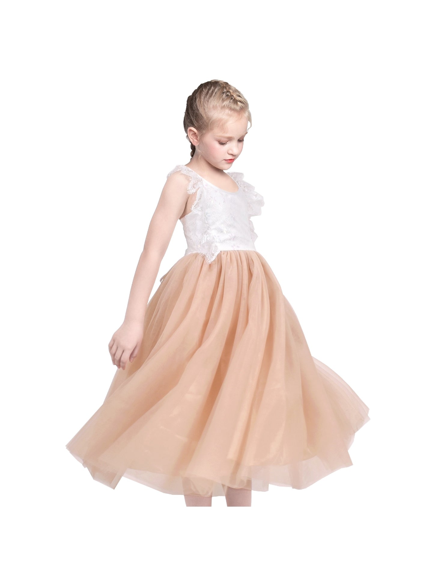 Girls Dress Rose Red Lace Tulle Hollow Elegant Party Pageant Ceremony Beige