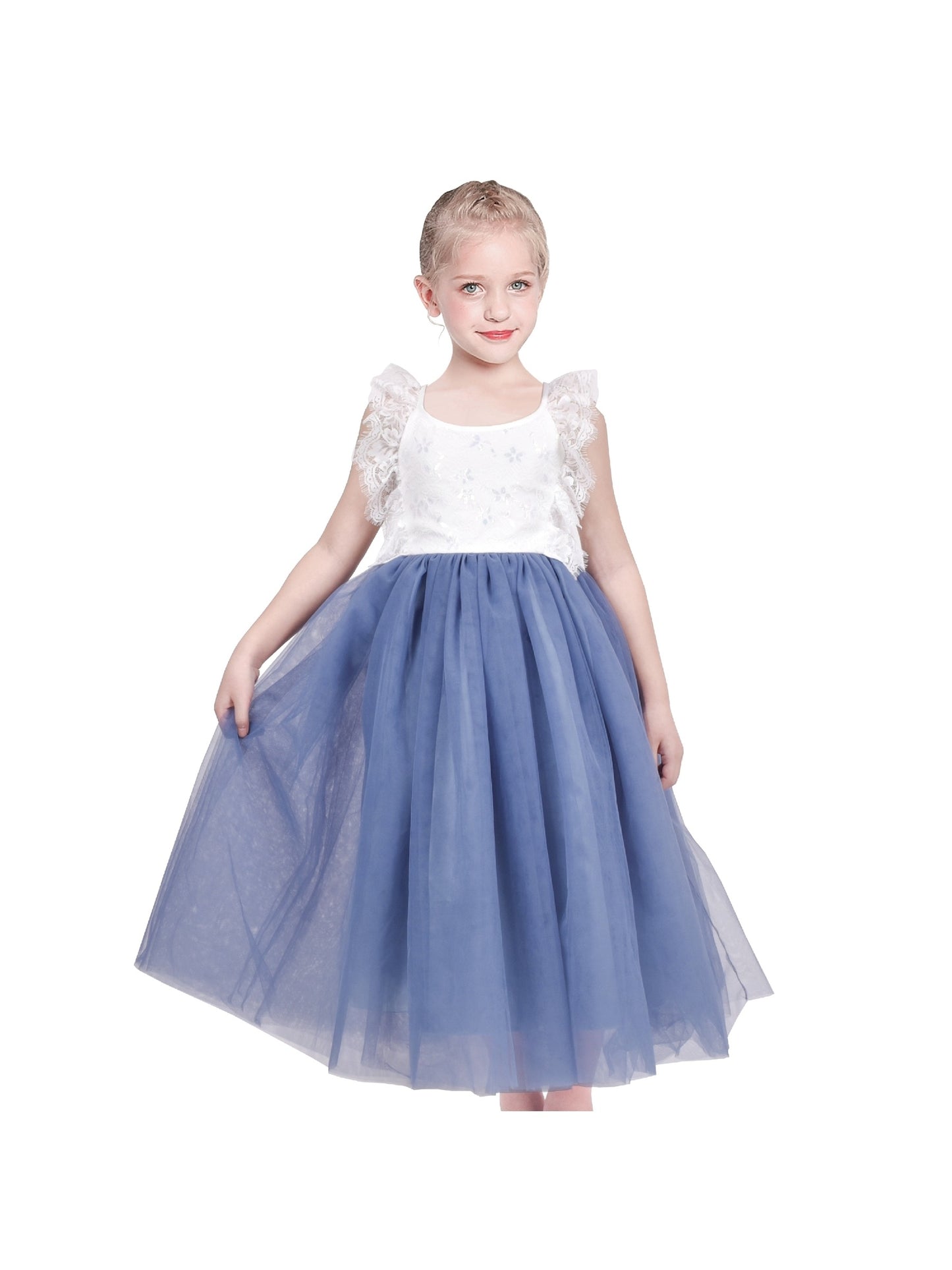 Girls Dress Rose Red Lace Tulle Hollow Elegant Party Pageant Ceremony Blue