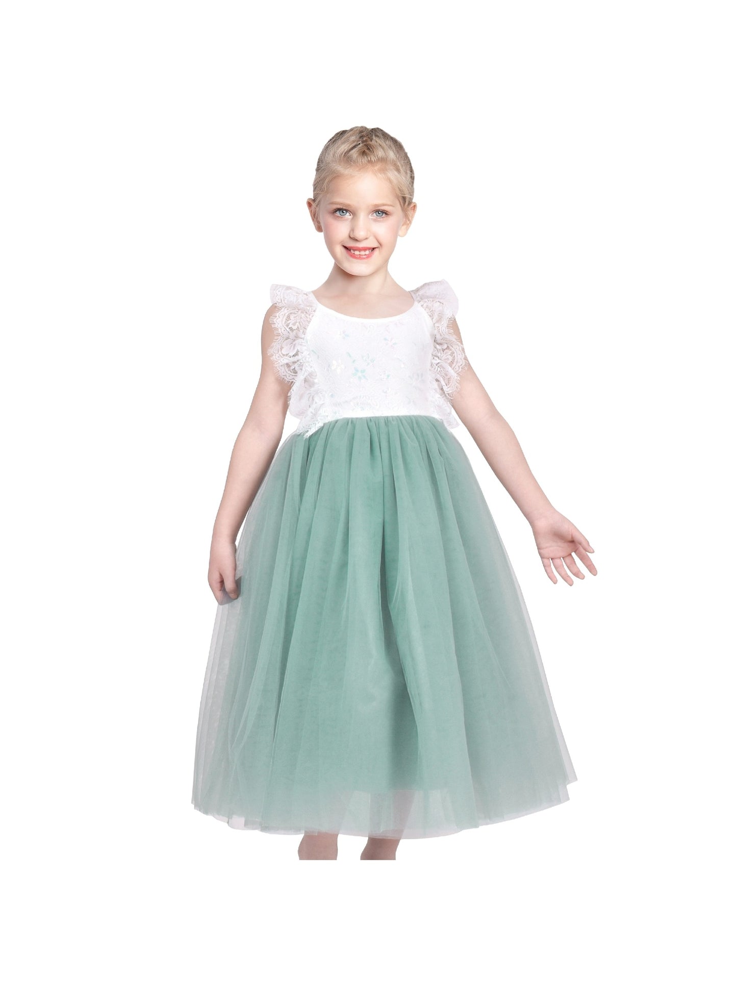 Girls Dress Rose Red Lace Tulle Hollow Elegant Party Pageant Ceremony Green