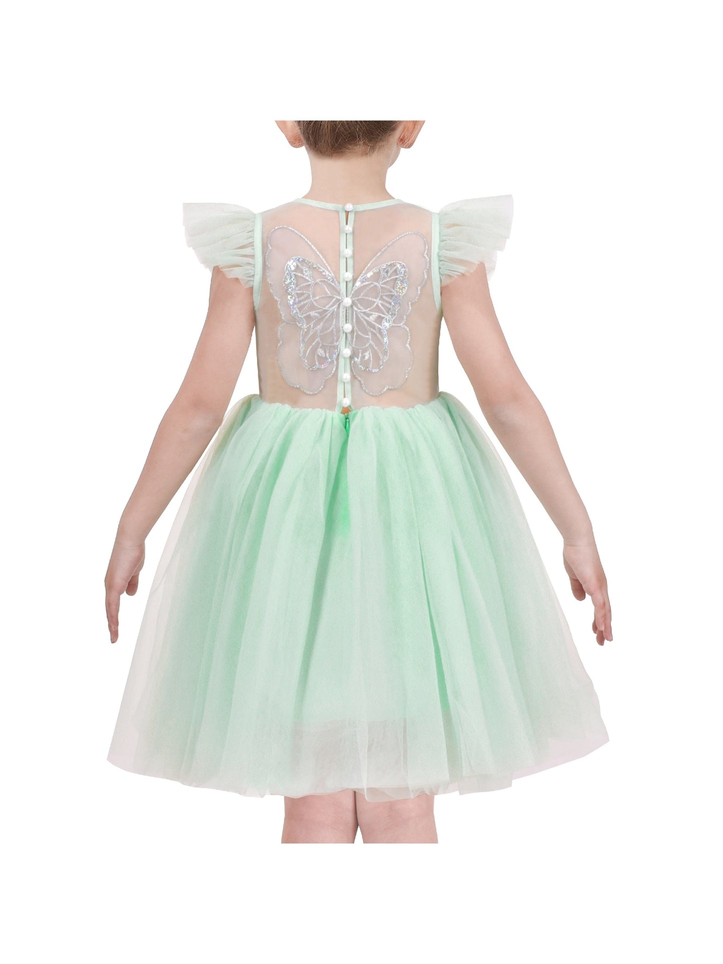 Girls Dress Black Gold Line Shiny Applique Princess Party Flare Sleeve Green