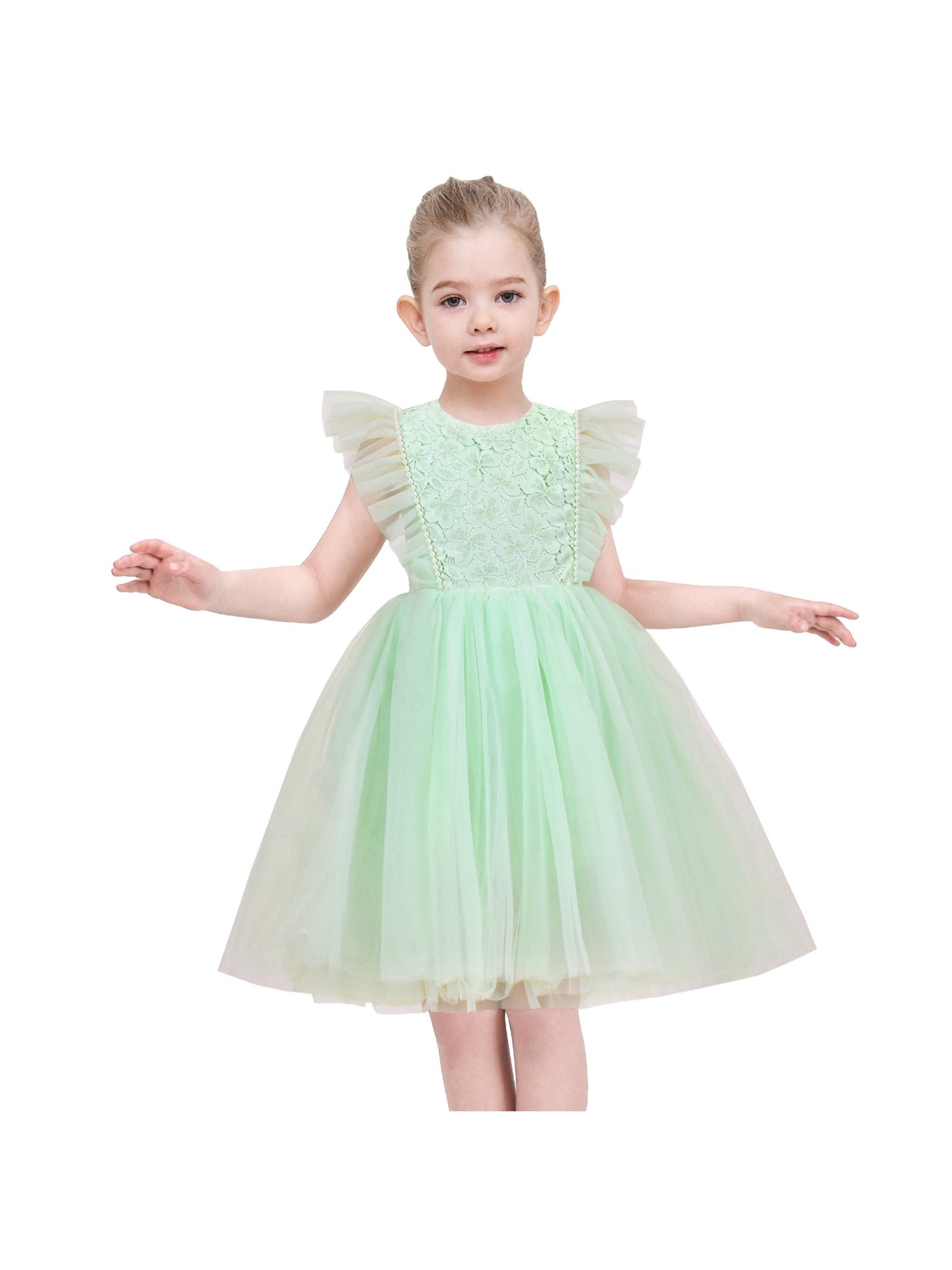 Girls Dress Black Gold Line Shiny Applique Princess Party Flare Sleeve Green