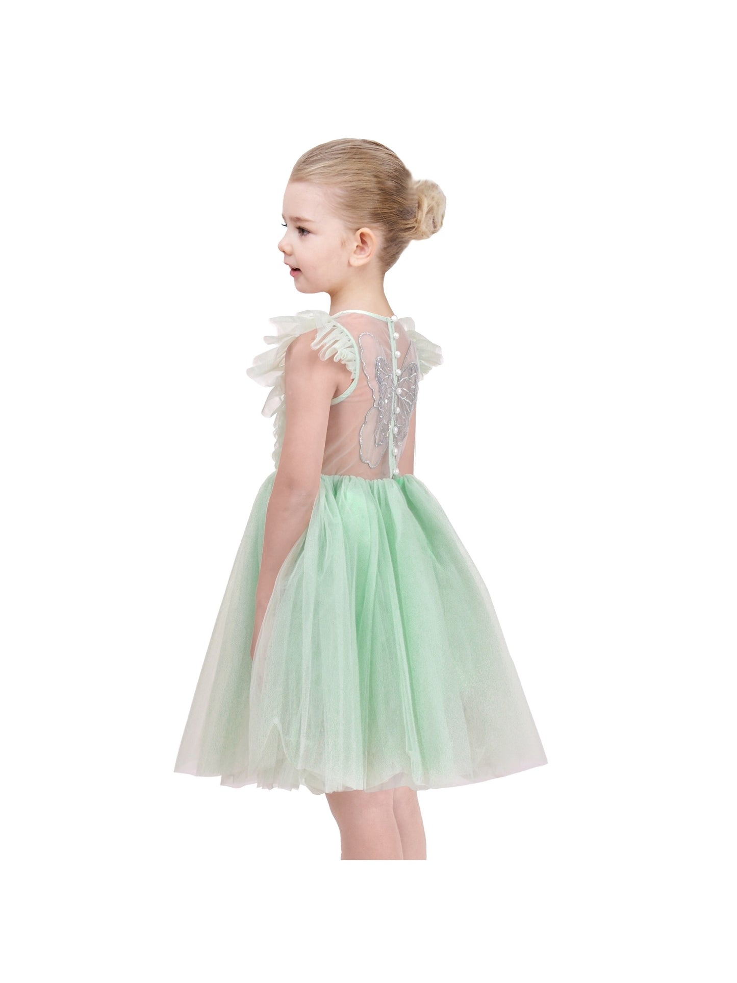 Girls Dress Black Gold Line Shiny Applique Princess Party Flare Sleeve Green