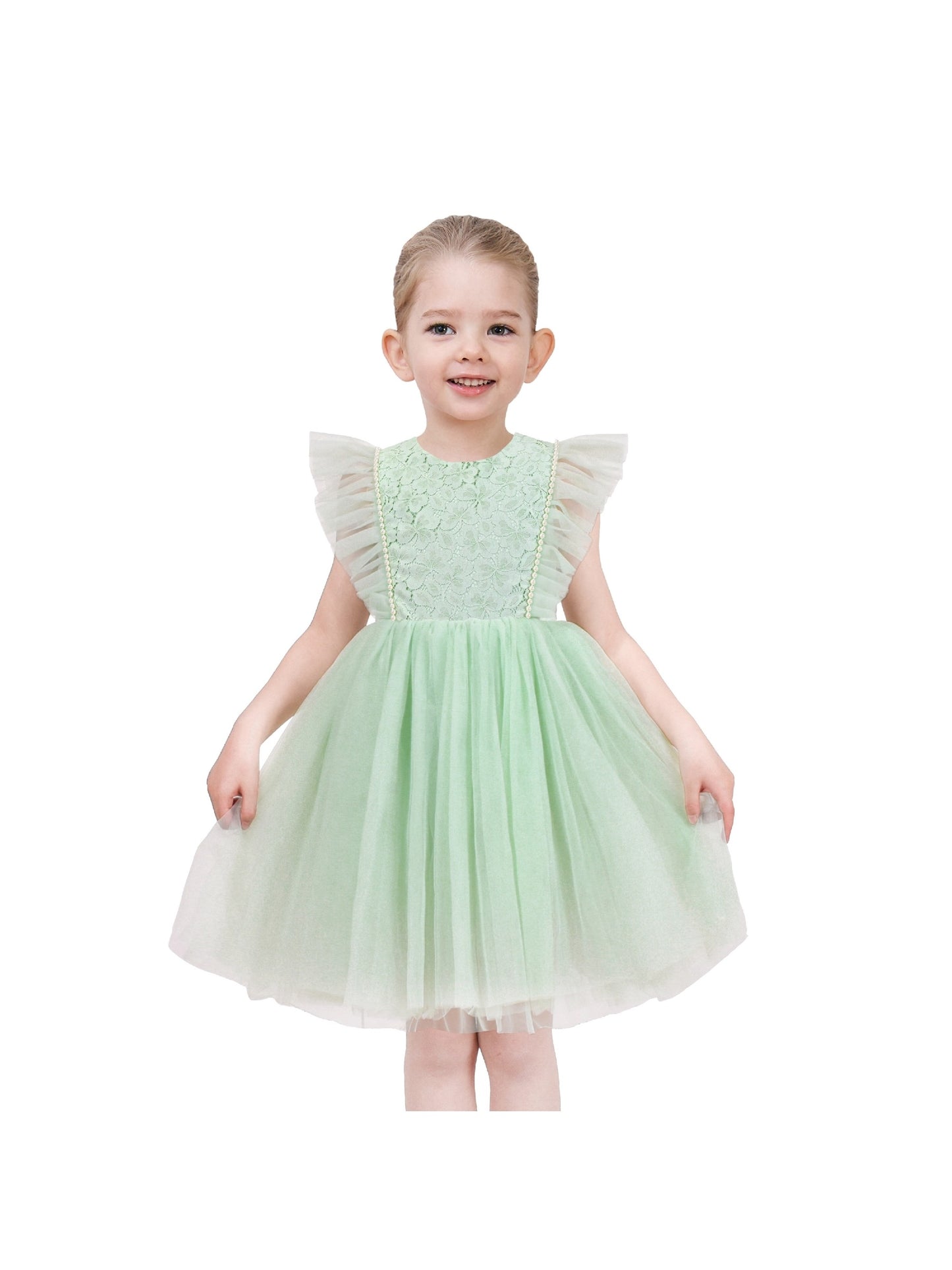 Girls Dress Black Gold Line Shiny Applique Princess Party Flare Sleeve Green
