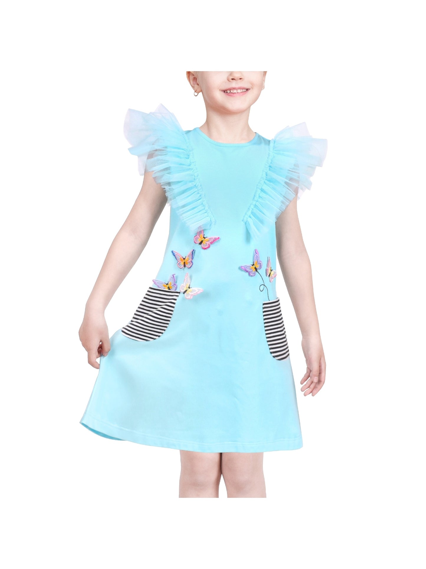 Girls Dress A-line Mermaid Fish Tail Rainbow Ruffle Flare Sleeve Blue