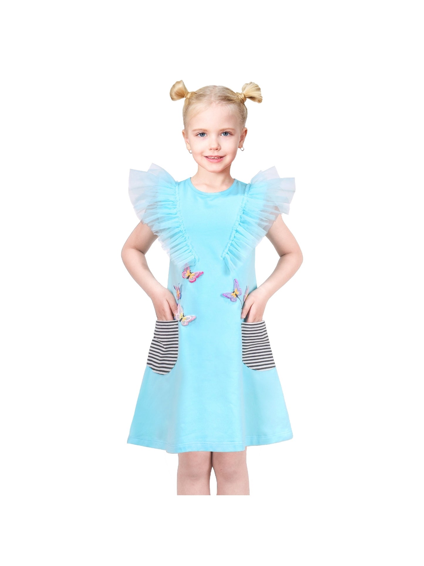 Girls Dress A-line Mermaid Fish Tail Rainbow Ruffle Flare Sleeve Blue