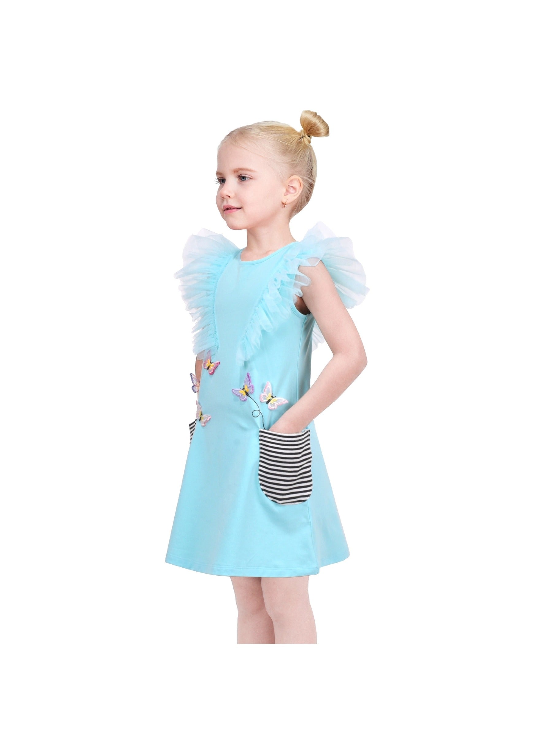 Girls Dress A-line Mermaid Fish Tail Rainbow Ruffle Flare Sleeve Blue