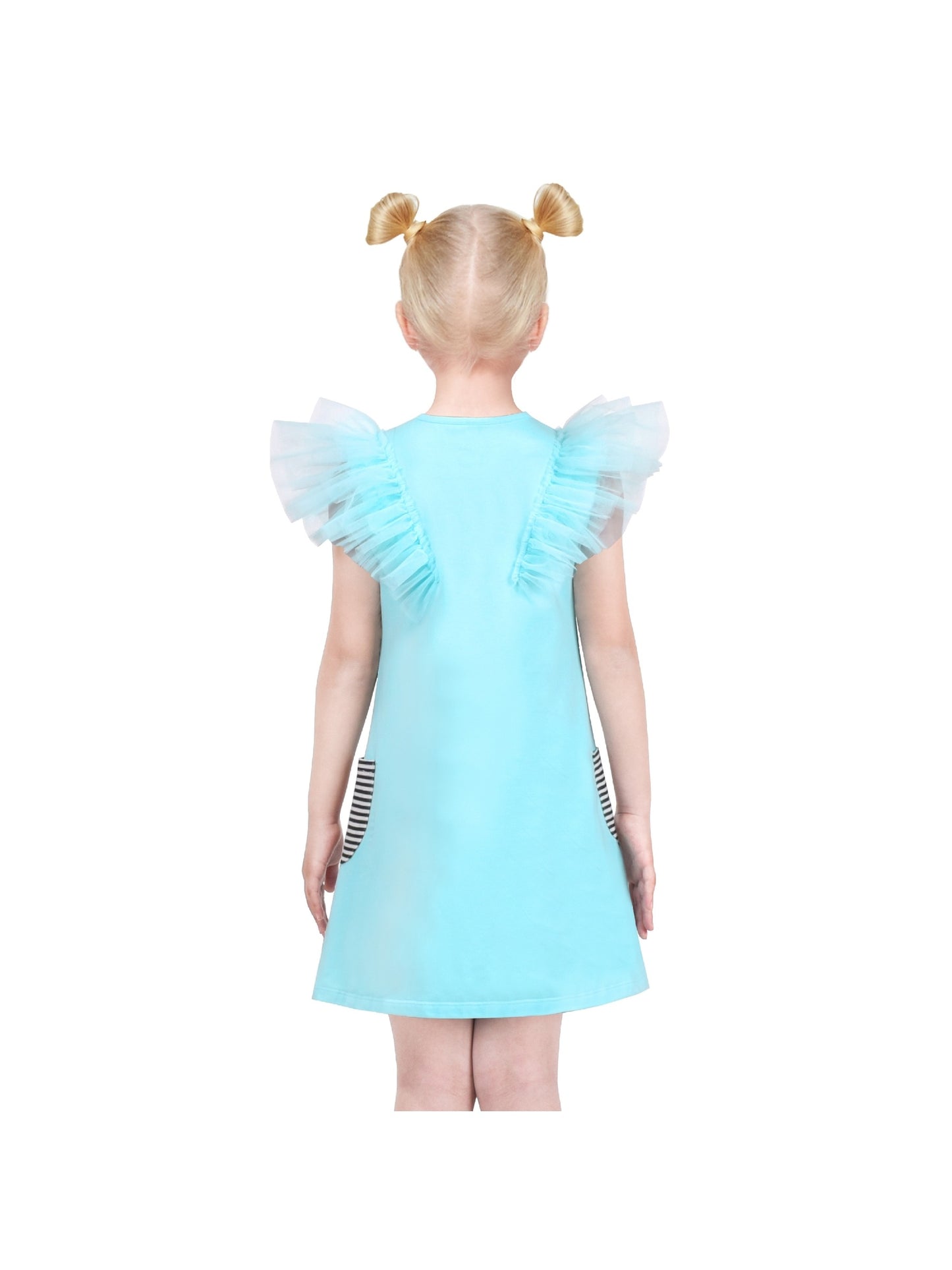 Girls Dress A-line Mermaid Fish Tail Rainbow Ruffle Flare Sleeve Blue