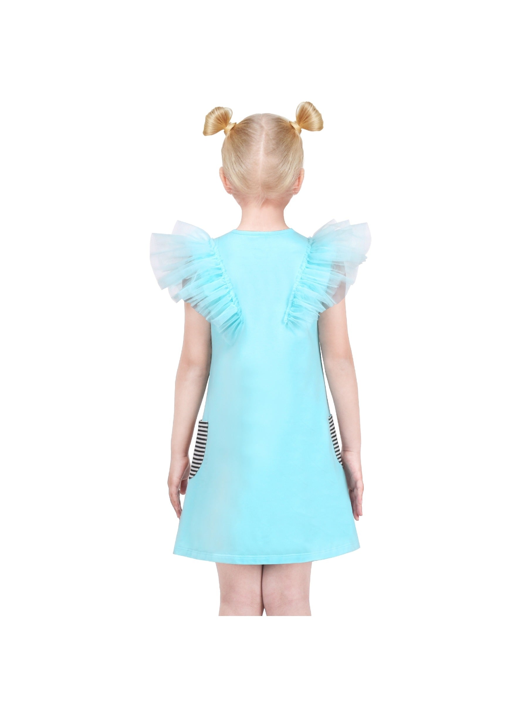 Girls Dress A-line Mermaid Fish Tail Rainbow Ruffle Flare Sleeve Blue