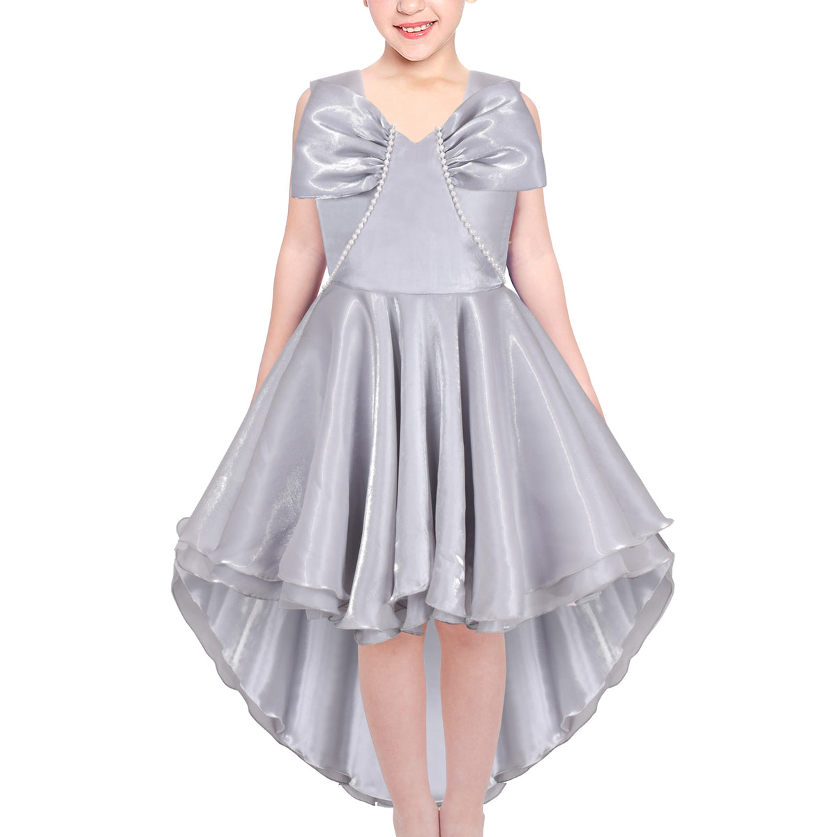 Girls Dress Princess Hi-lo Off White Pearl Pageant Dancing Ball - Silver Gray