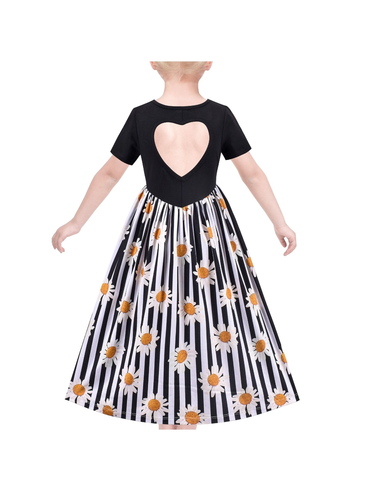 Girls Dress Floral Casual Maxi Dress Short Sleeve Open Back Black