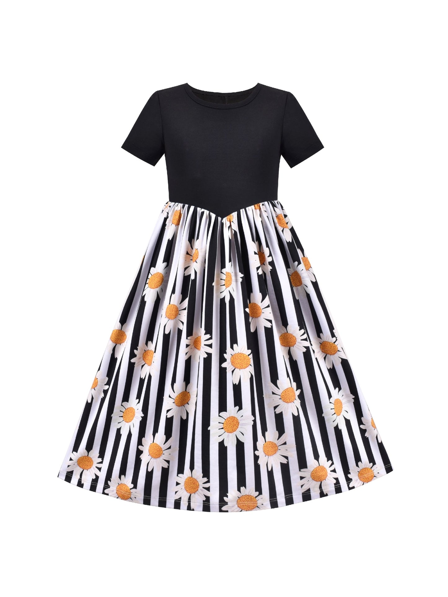 Girls Dress Floral Casual Maxi Dress Short Sleeve Open Back Black