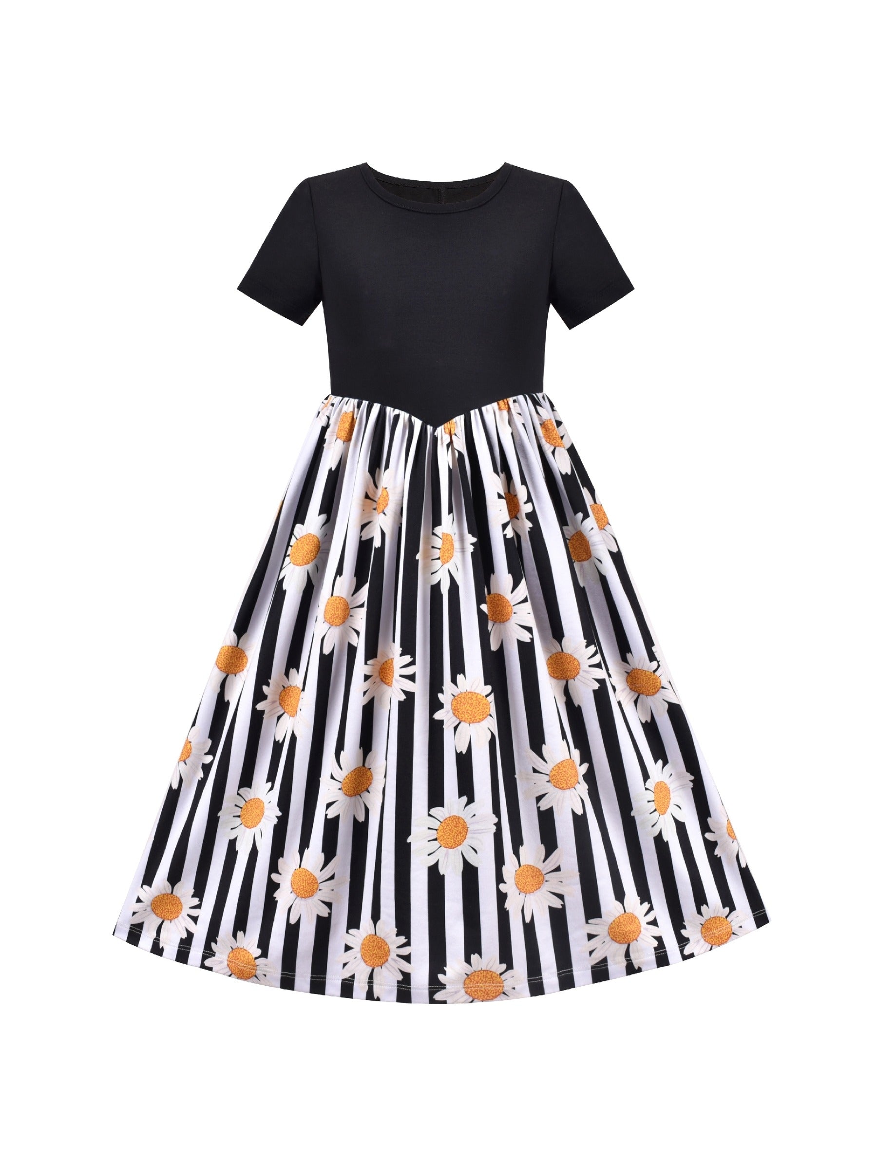 Girls Dress Floral Casual Maxi Dress Short Sleeve Open Back Black