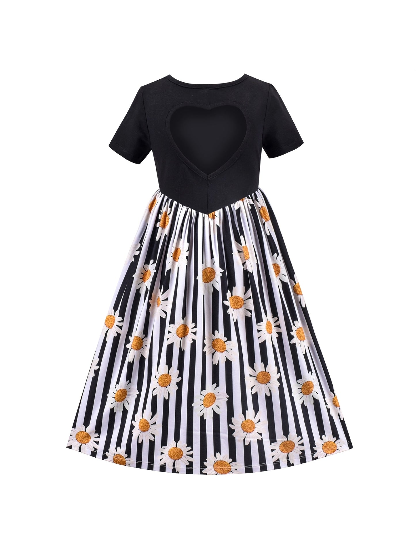 Girls Dress Floral Casual Maxi Dress Short Sleeve Open Back Black