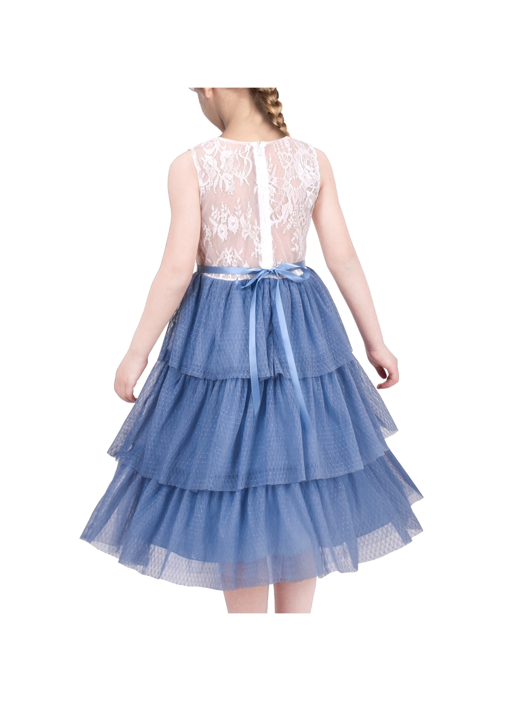Girls Dress Purple Lace V Neck Tulle Layered Party Wedding Birthday Pageant Blue