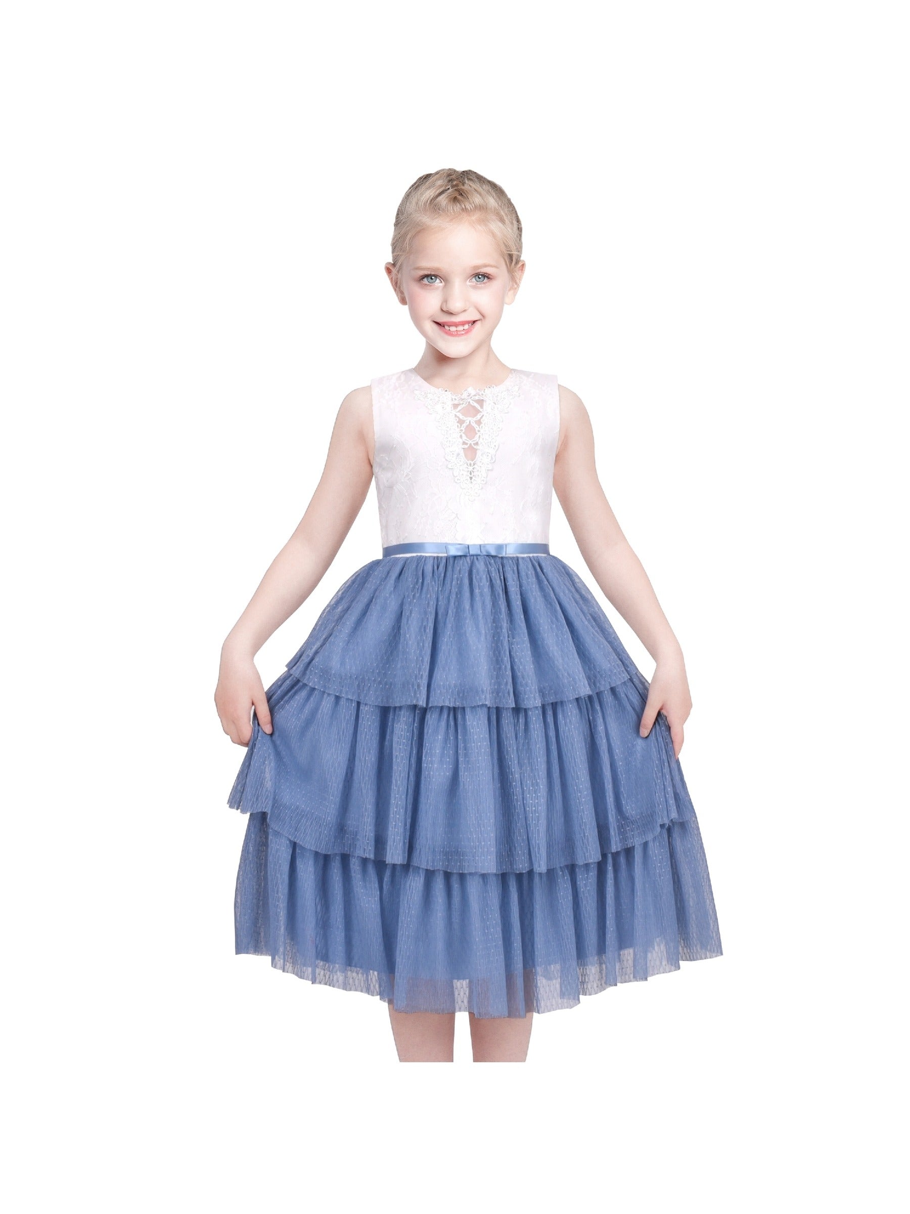 Girls Dress Purple Lace V Neck Tulle Layered Party Wedding Birthday Pageant Blue