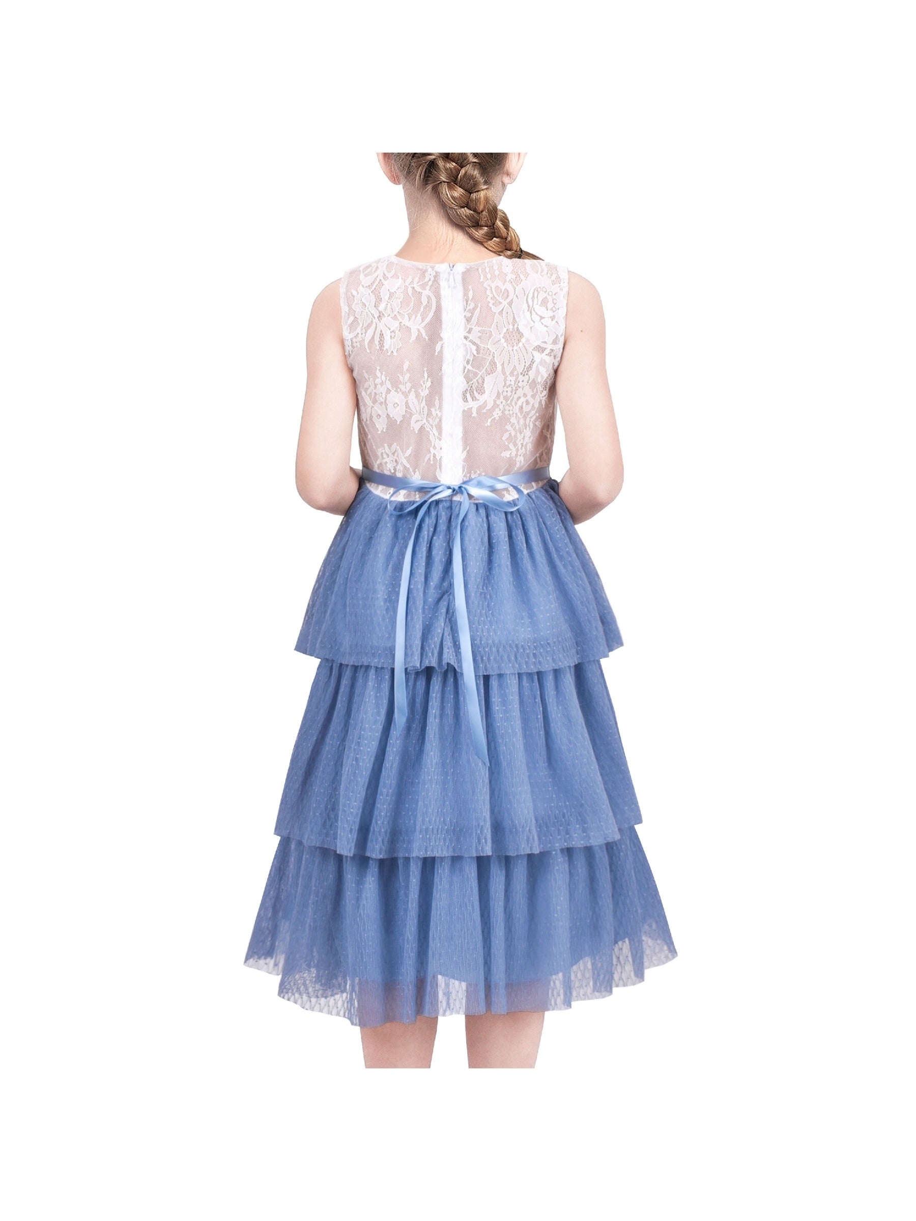 Girls Dress Purple Lace V Neck Tulle Layered Party Wedding Birthday Pageant Blue