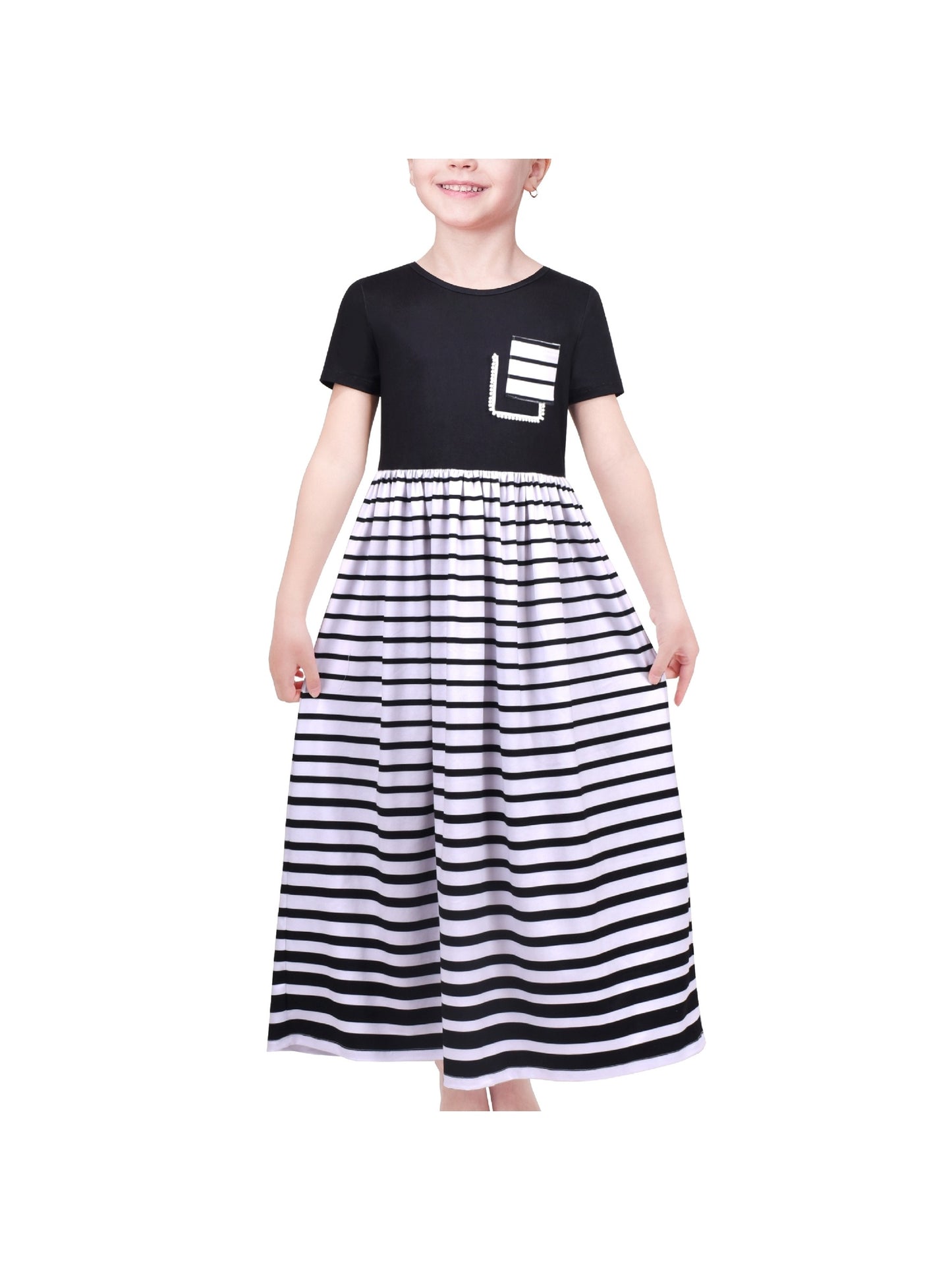 Girls Dress Floral Casual Maxi Dress Short Sleeve Open Back Black