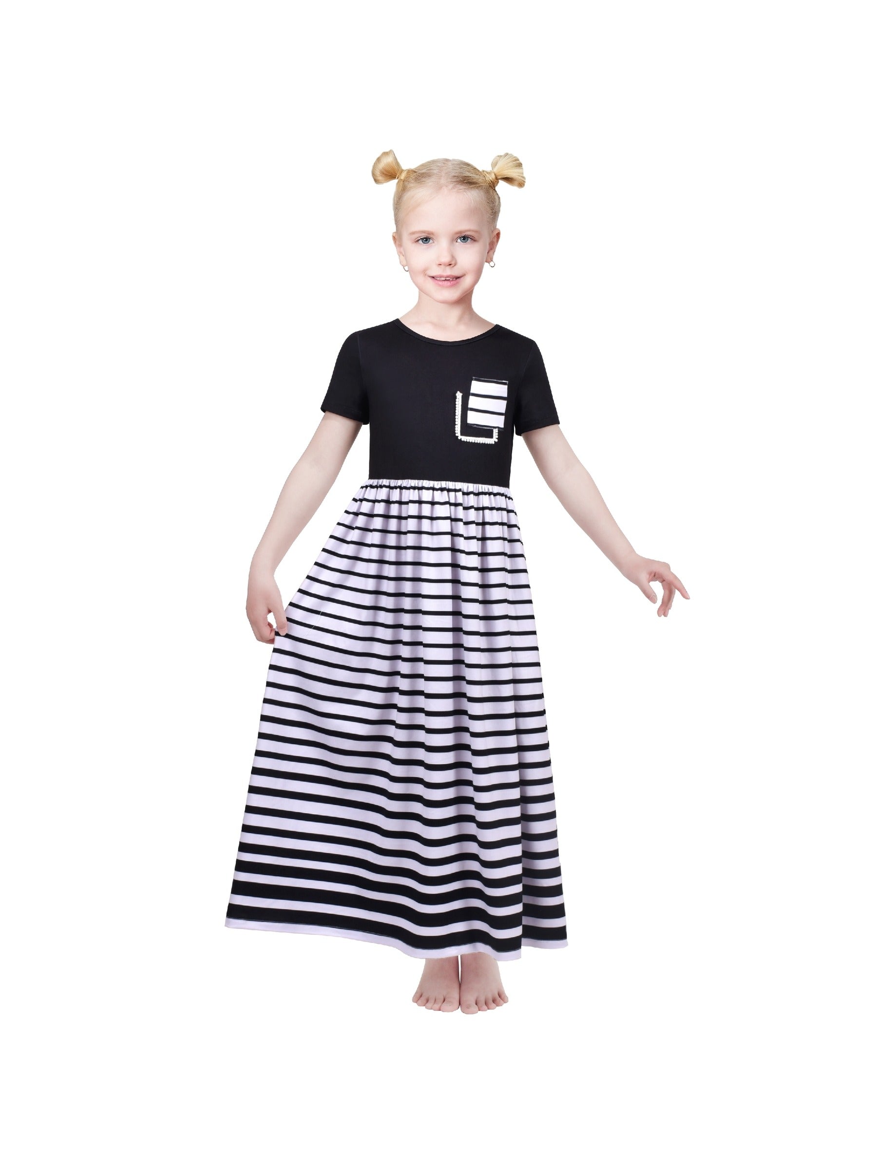 Girls Dress Floral Casual Maxi Dress Short Sleeve Open Back Black