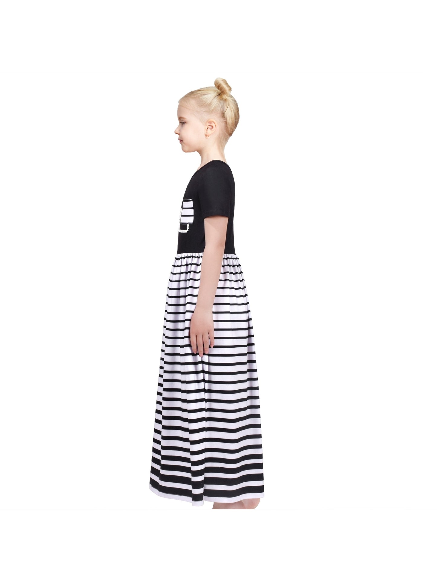 Girls Dress Floral Casual Maxi Dress Short Sleeve Open Back Black
