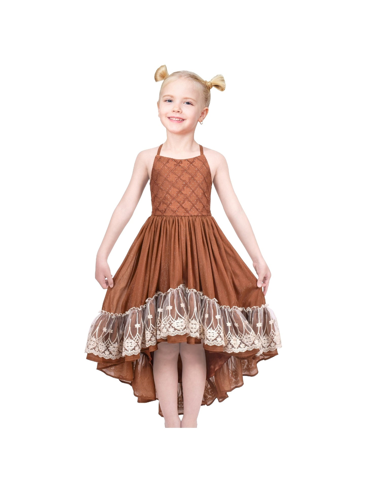 Girls Dress Floral Print Summer Sundress Sleeveless Hollow Back Brown