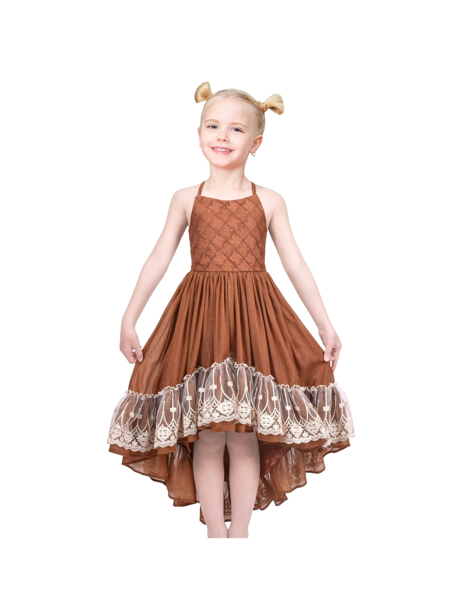 Girls Dress Floral Print Summer Sundress Sleeveless Hollow Back Brown