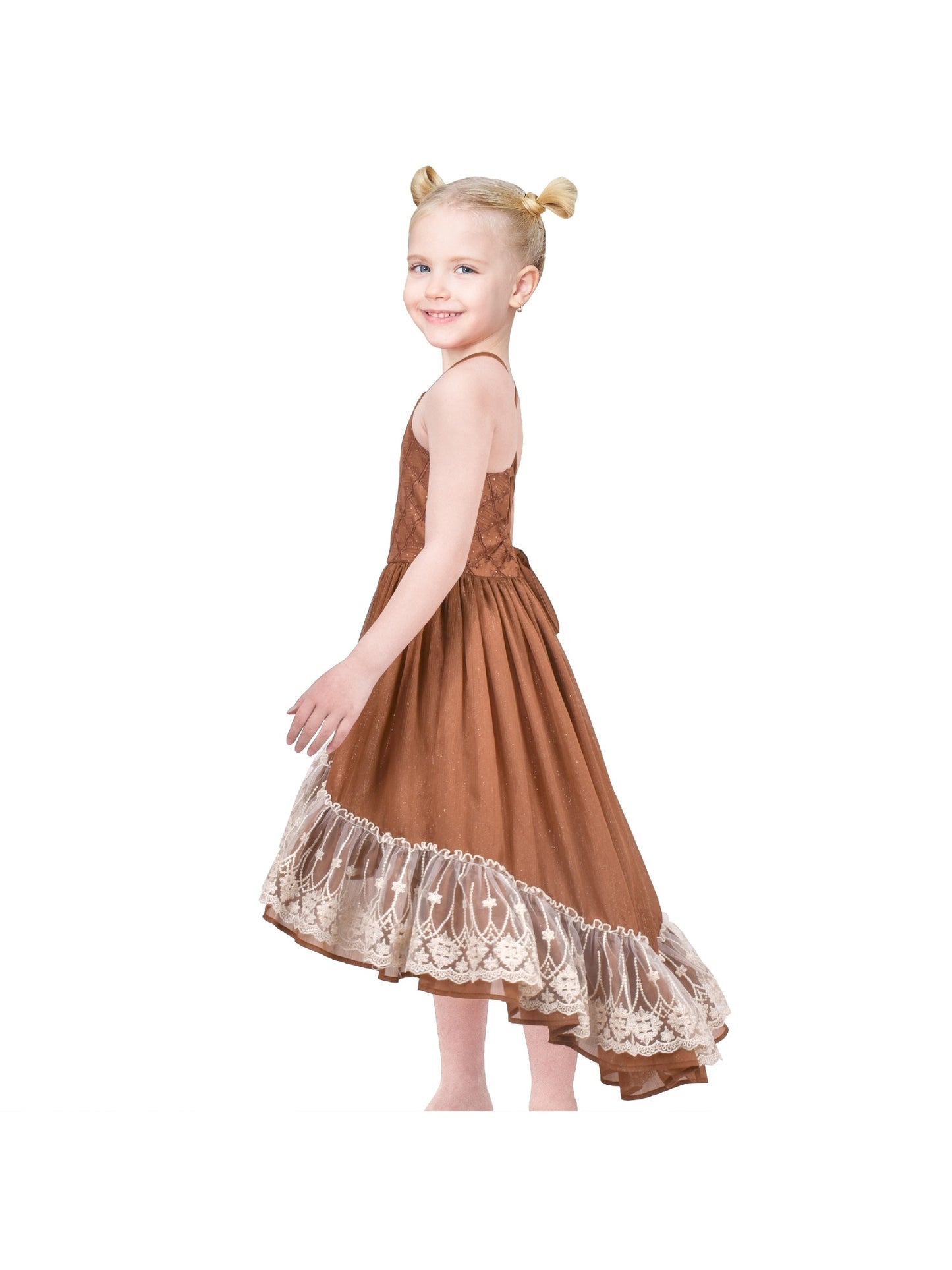 Girls Dress Floral Print Summer Sundress Sleeveless Hollow Back Brown