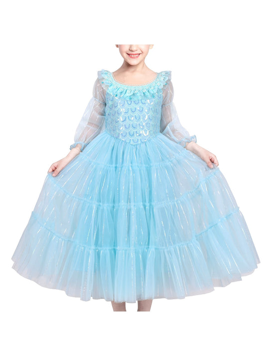 Girls Dress Blue Mermaid Princess Party Tulle Mesh Sheer Sleeves Blue