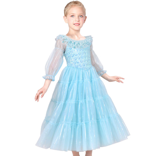 Girls Dress Blue Mermaid Princess Party Tulle Mesh Sheer Sleeves Blue