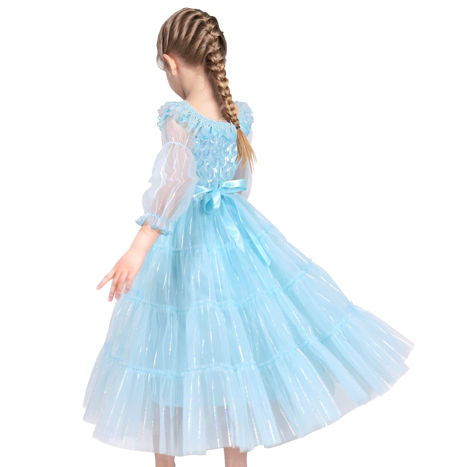 Girls Dress Blue Mermaid Princess Party Tulle Mesh Sheer Sleeves Blue