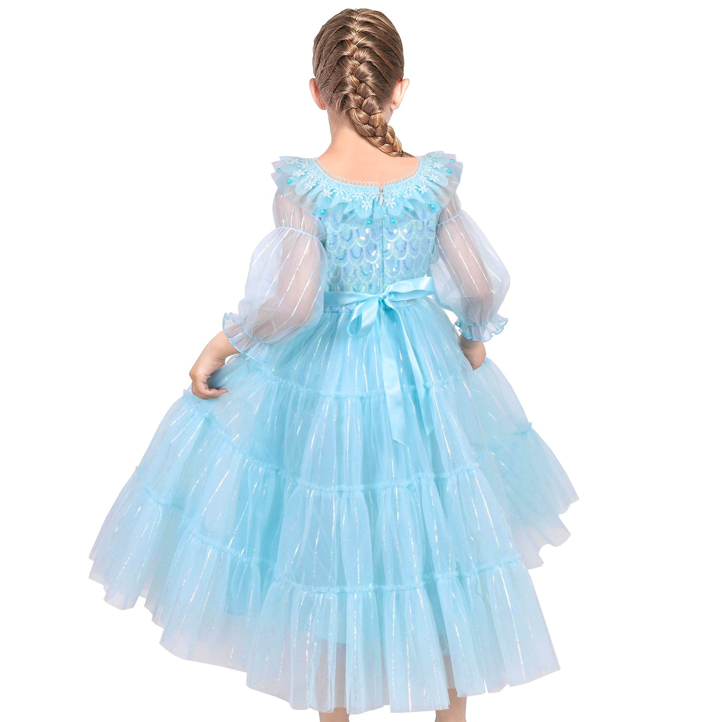 Girls Dress Blue Mermaid Princess Party Tulle Mesh Sheer Sleeves Blue