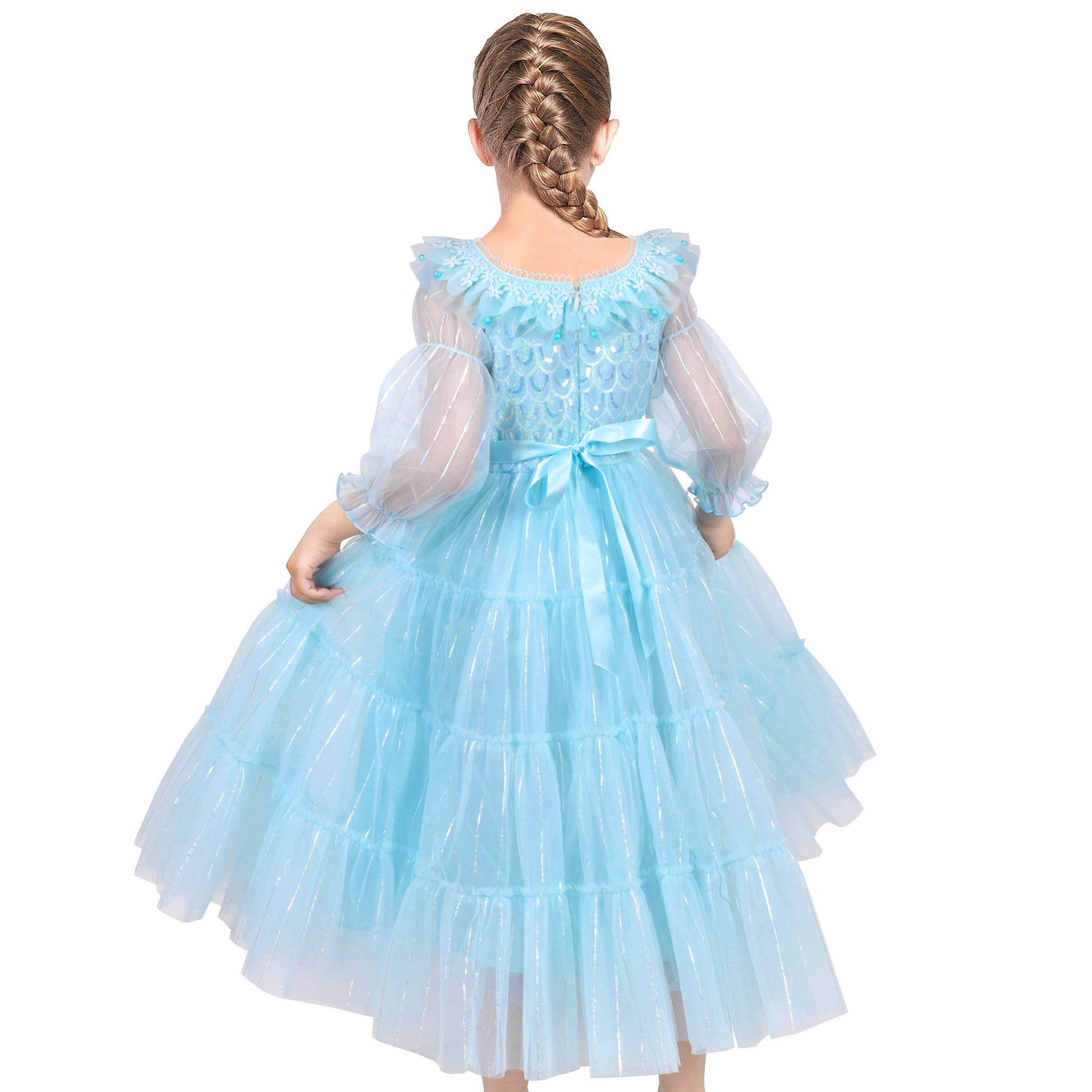 Girls Dress Blue Mermaid Princess Party Tulle Mesh Sheer Sleeves Blue
