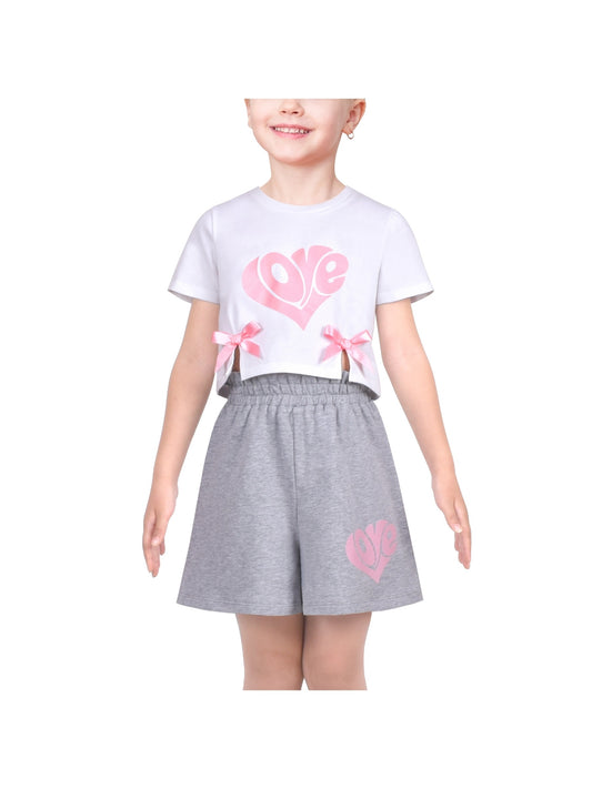 Girls Tee Sport Clothing Outfit Set Glitter Heart s Short Sleeve Gray